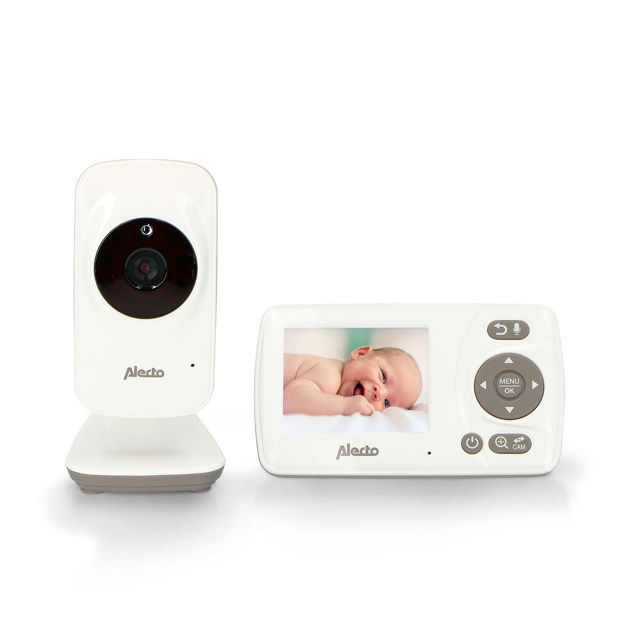 Alecto DVM-71 Video Baby Monitor with Camera, 2.4" Inch No Wifi Baby Monitor, Temperature, Night Vision, Lullaby, Two-Way Audio - White / Taupe
