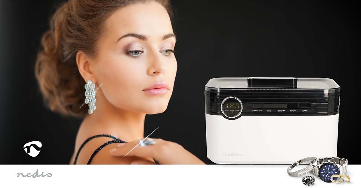 Nedis Digital Ultrasonic Jewellery Cleaner, 1800 ml Tank, 43 kHz Sonic Cleaning, 3 Modes with LED Timer – White