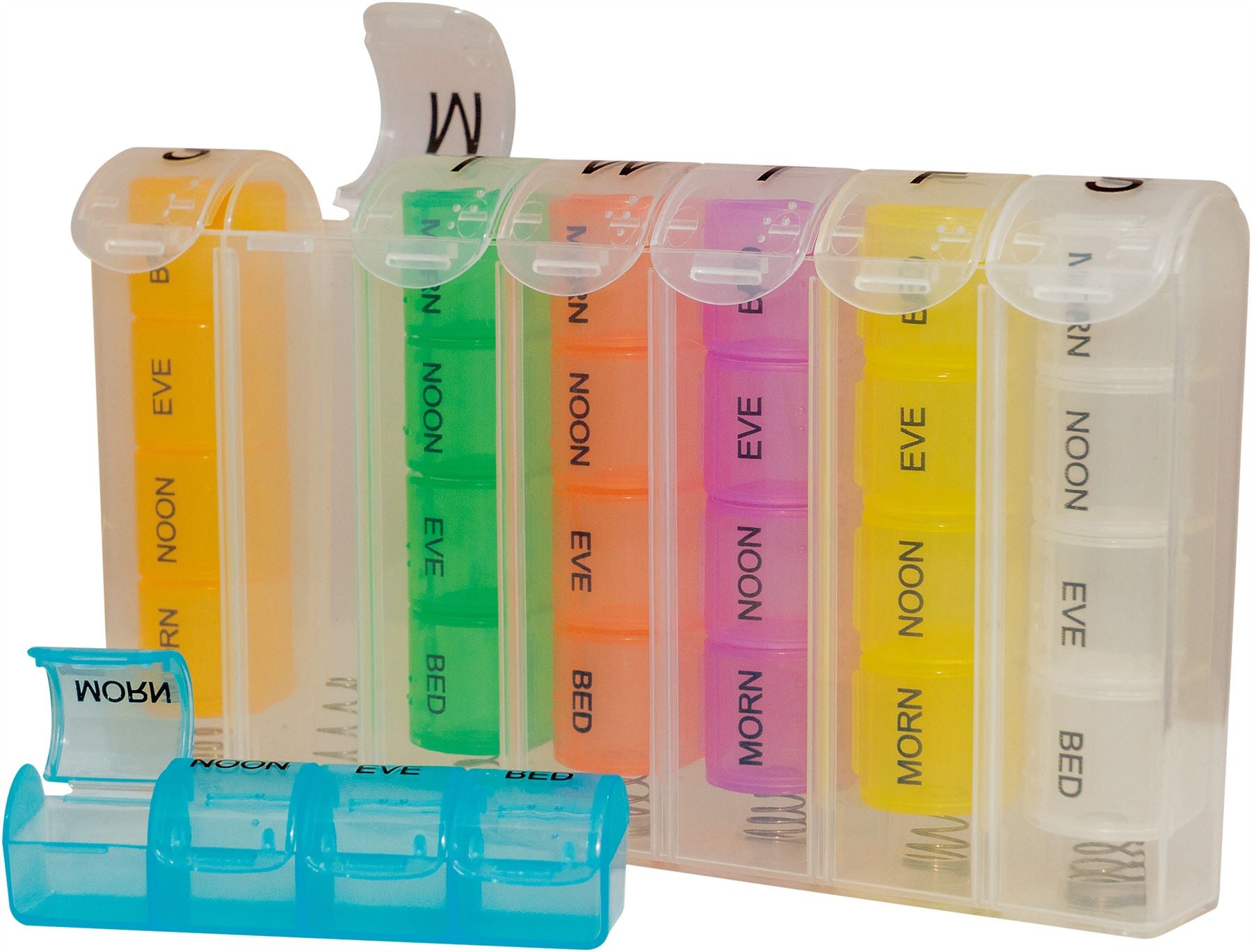 7 Day Pop Up Pill Dispenser Tablet Box Organiser, Flip Up Lids. 4 Compartments per Day, Morn, Noon, Eve and Bed. for Those who take Many Tablets a Day. Medication Management. Weakened Grip Friendly