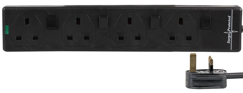 4 Gang 1m Mains Extension Lead Socket Individually Switched 13A with Surge Potection - Black