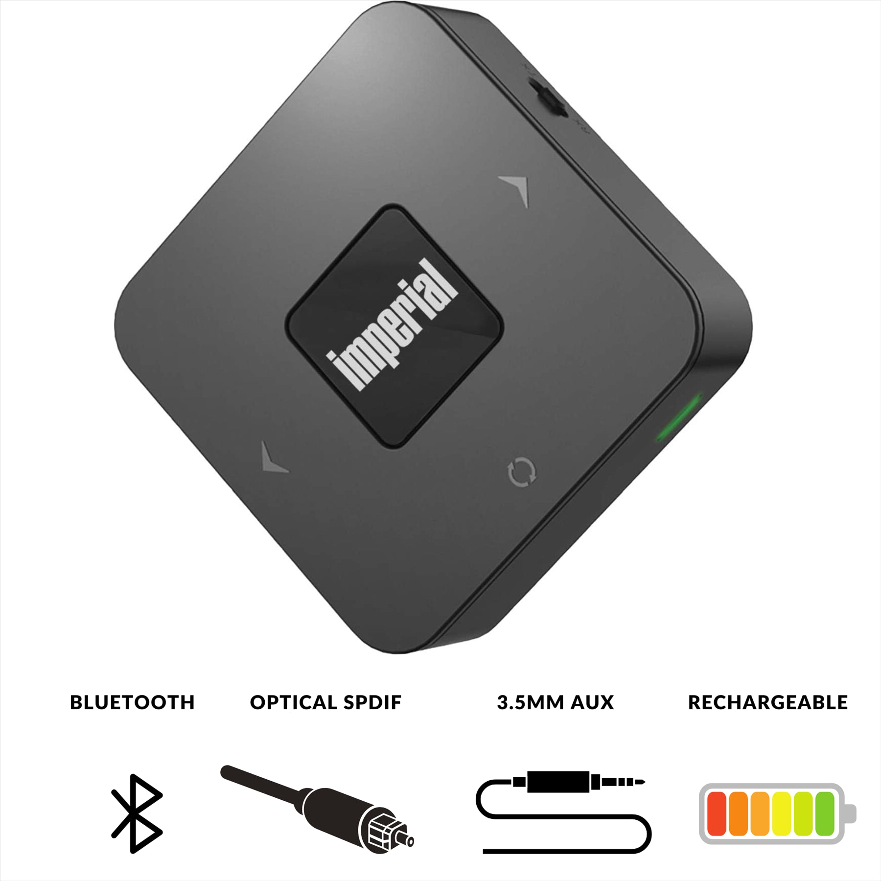 Imperial Bluetooth® Transmitter Receiver | Connection input: 1x AUX / 1x SPDIF | Connection output: 1x AUX / 1x SPDIF | AptX ™ Low latency / AptX™ / SBC | Up to 2 Devices | Maximum battery play time: 22 hrs | Black
