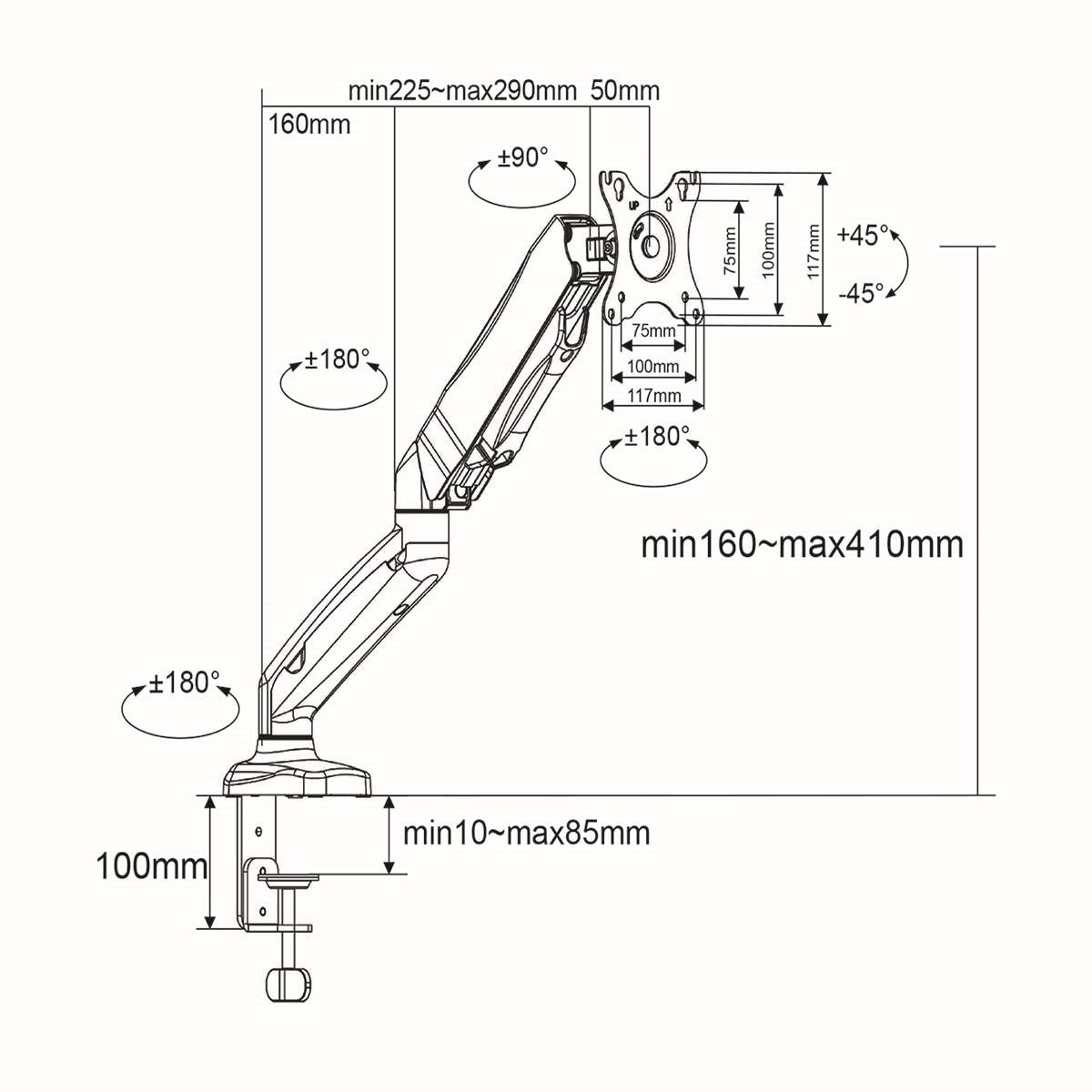 Nedis Desk Monitor Mount | Gas Spring | 1 Screen | 15 - 32 " | 75x75 / 100x100 | Full Motion