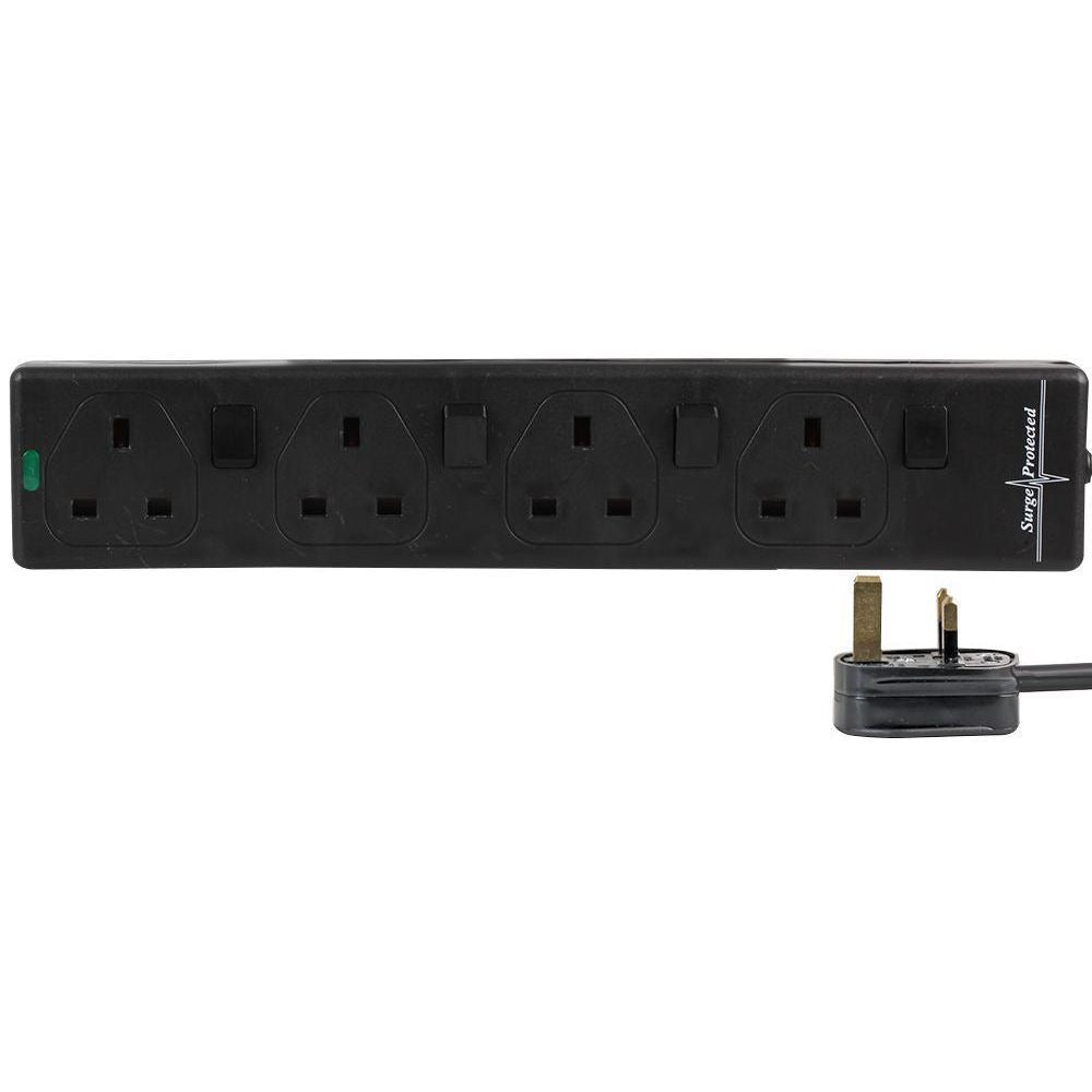 4 Gang 5m Mains Extension Lead Socket Individually Switched 13A with Surge Potection - Black