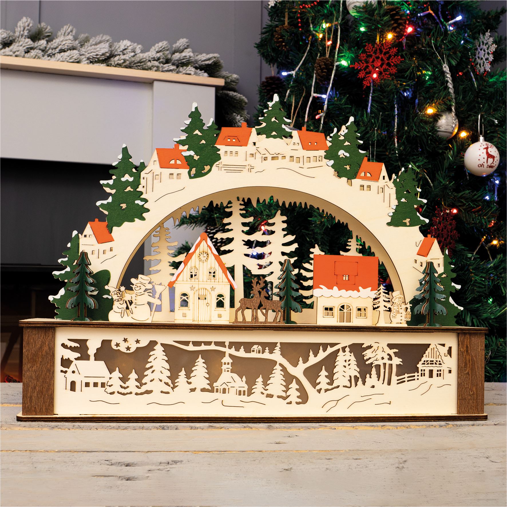 Wooden Christmas LED Light Arch Decoration with Festive Reindeer Village Scene