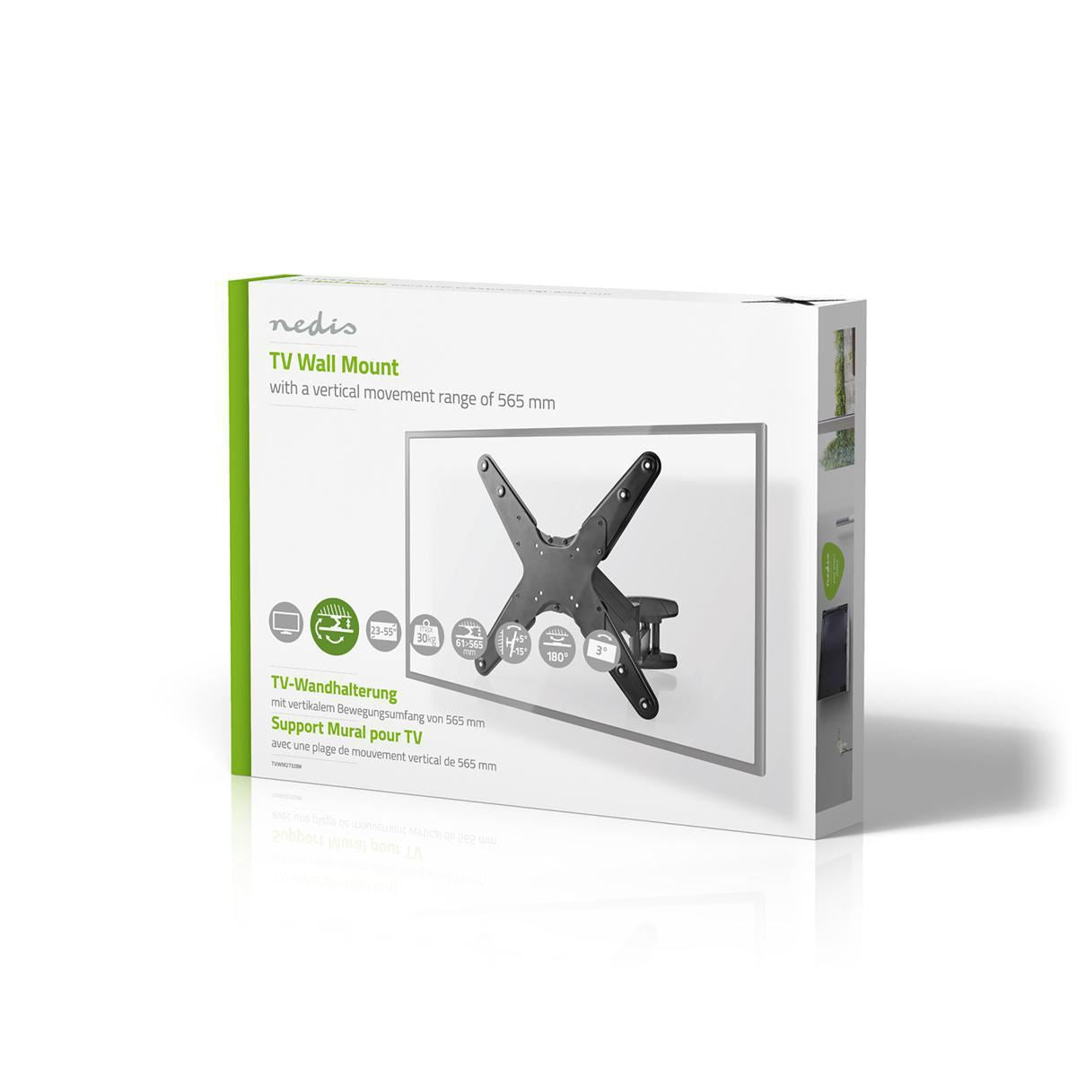 Nedis Vertical TV Wall Mount | 23 - 55 " | Maximum supported screen weight: 30 kg | Vertical movement range: 0-282 mm | Minimum wall distance: 61 mm | Maximum wall distance: 565 mm | Tiltable | Rotatable | 3 Pivot point(s) | ABS / Steel | Black