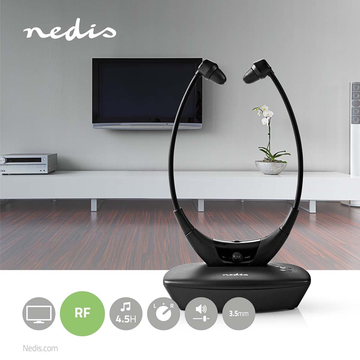 Nedis Wireless TV Headphones | RF, frequency 868 Mhz | In-Ear | Maximum battery play time: 4.5 hrs | 35 m | Digital Audio | Charging dock | Balance control | Black