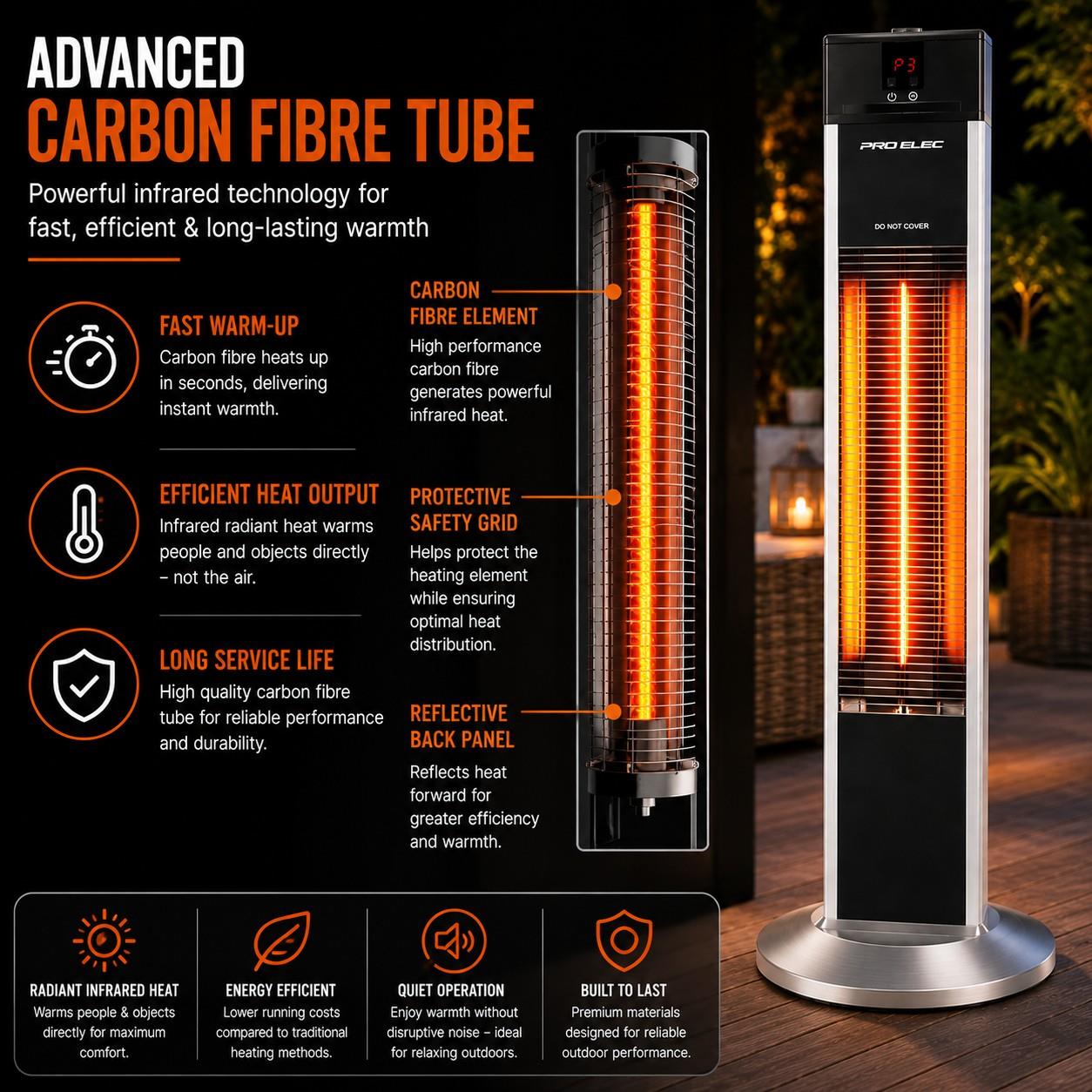 Free Standing Infrared Patio Heater - Carbon Fibre Outdoor Heater with Remote Control, 3 Heat Settings, Tip-Over Protection