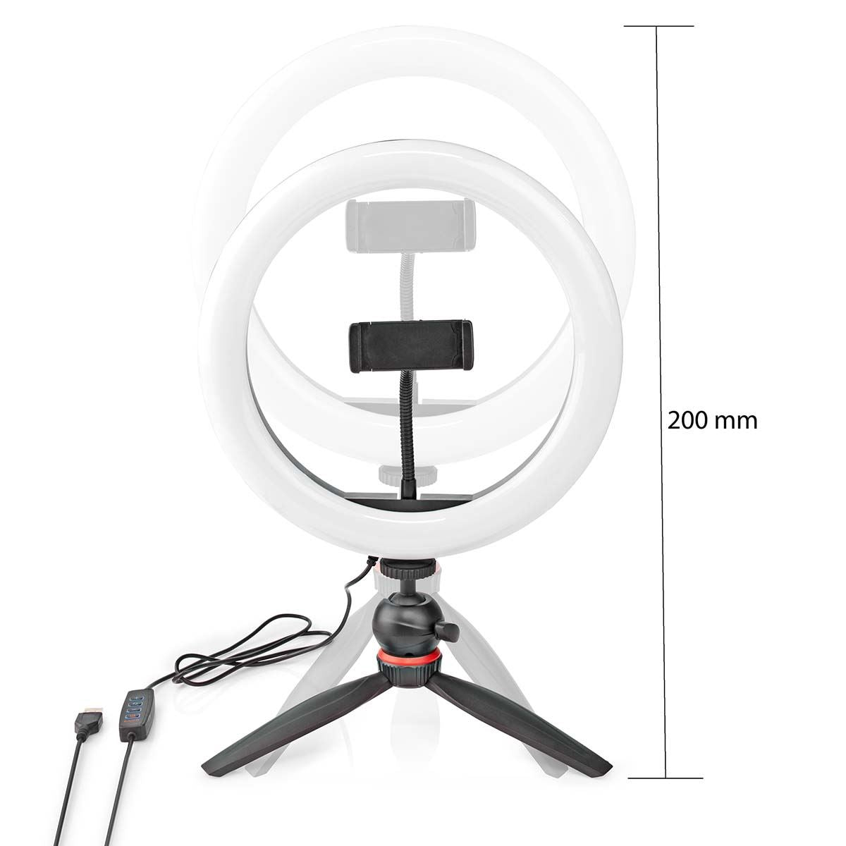 Nedis Ring Light, 10" LED Ring Lamp with 120 LEDs on Tripod Stand, USB Powered, with Flexible Phone Holder, 10 Light Modes