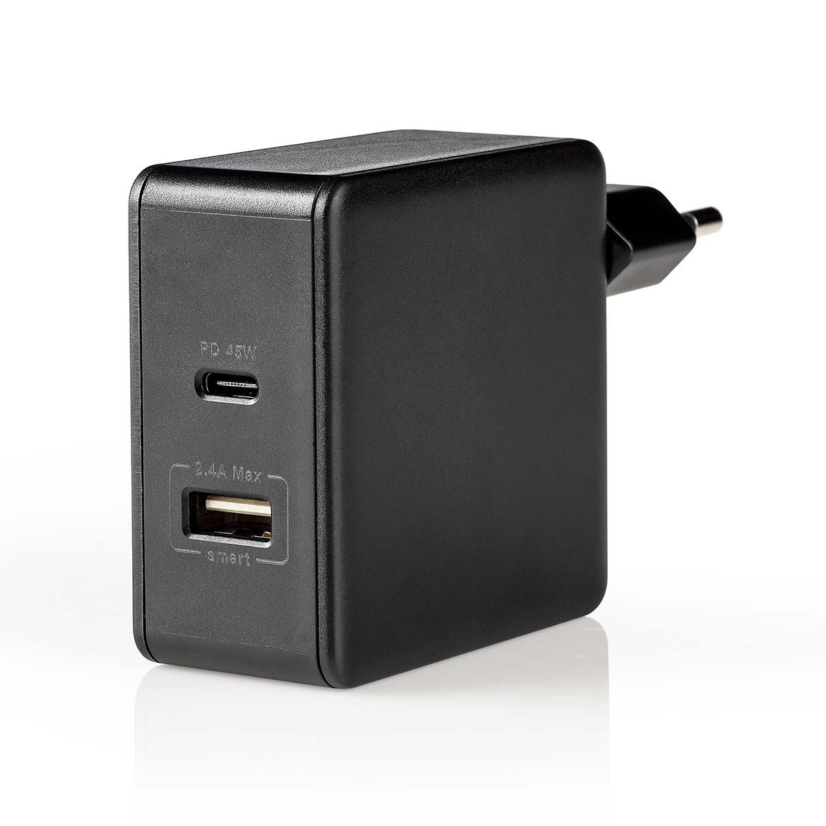 Nedis EU Euro Travel Wall Charger | 57 W | PD3.0 45W | Quick charge feature | 2.25 / 2.4 / 3.0 A | Number of outputs: 2 | USB-A / USB-C™ | No Cable Included | Automatic Voltage Selection | Black