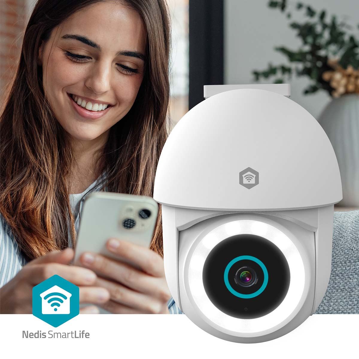 Nedis SmartLife Outdoor Camera | Wi-Fi | Spotlight | 3MP Full HD 1296p | Pan tilt | IP65 | Cloud Storage (optional) / microSD (not included) / Onvif | 5 V DC | With motion sensor | Night vision | White