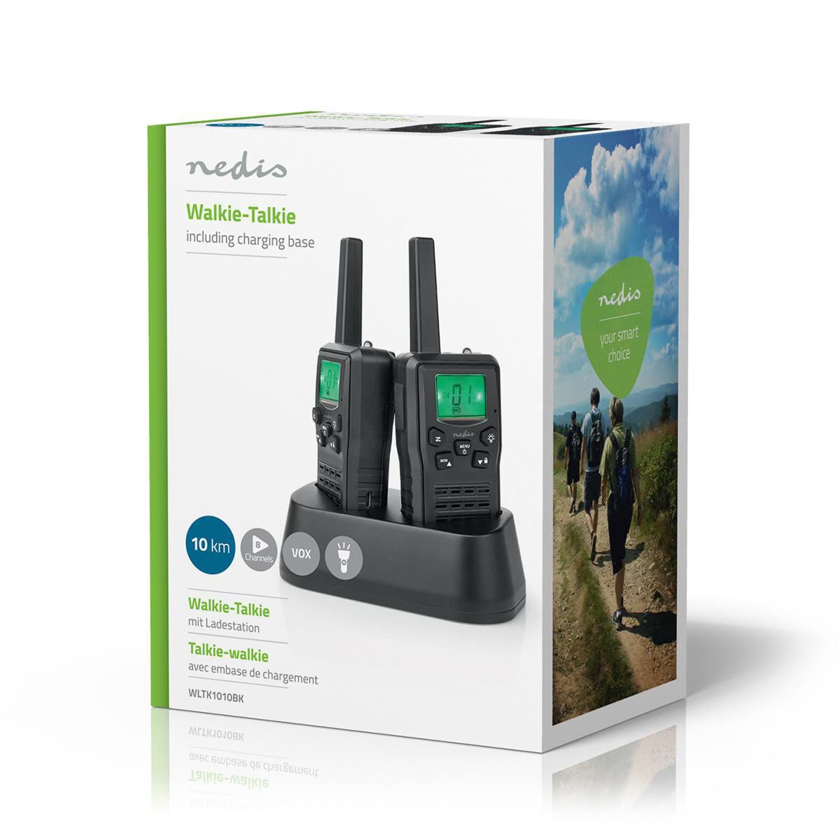 Nedis Walkie Talkies for Adults Long Range Two Way Radios - PMR Walky Talky PTT VOX Easy to Use 8 Ch | 10km | 6 Hour | Charge Base| Black