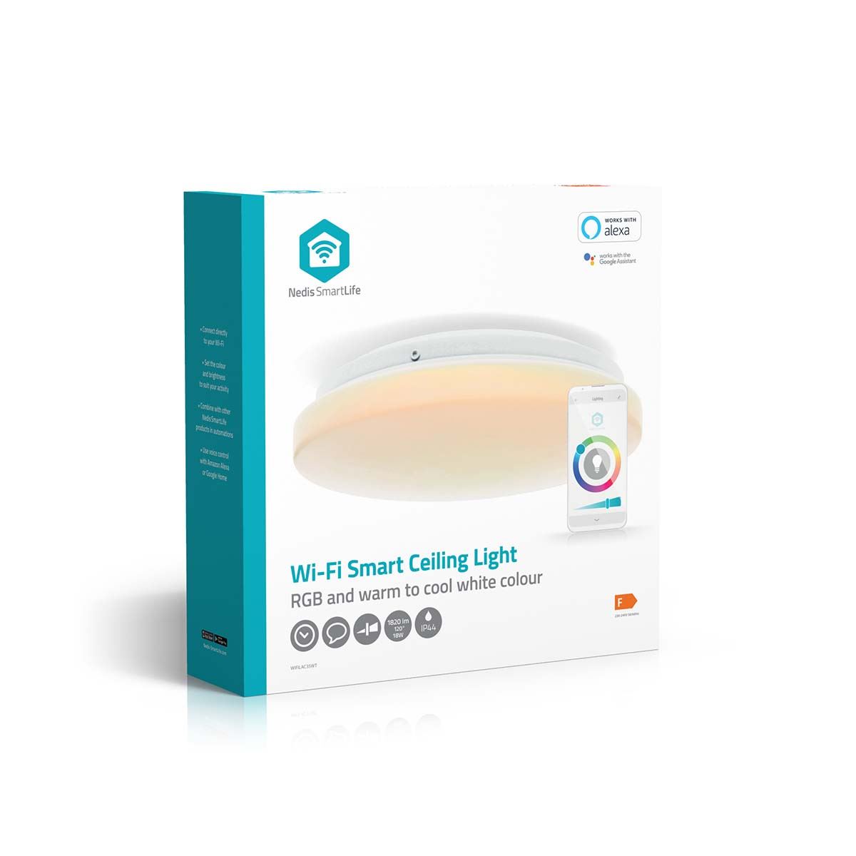 Nedis SmartLife Wi-Fi Ceiling Light, 26cm, Dimmable, Adjustable Colour Temperature 2700K-6500K, Remote & Voice Control, Compatible with Alexa & Google Home, Indoor/Outdoor