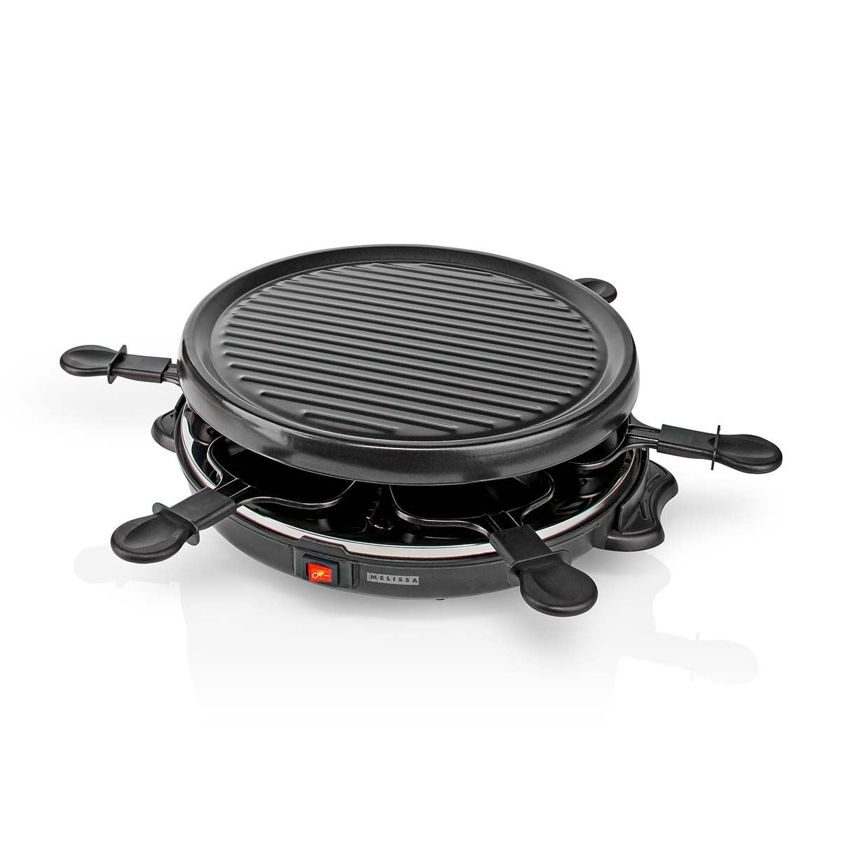 MELISSA Electric Raclette Gourmet Grill, 6 Person Indoor Non-Stick Tabletop Cooker, Removable Round Hot Plate, with 6 x Mini Cheese Pans & Spatulas, 800W