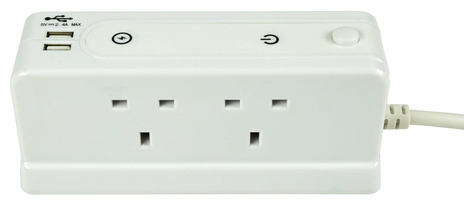 Desktop 4 Way Gang 13A Extension Cable Adapter 2 x 2.4A USB Port With Surge Protection 1m