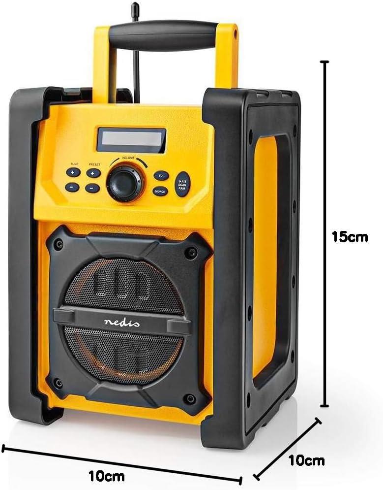 Nedis FM Radio | Jobsite Radio | FM | Battery Powered / Mains Powered | Digital | 15 W | Screen size: 2.2 " | Blue White Screen | IPX5 | Carrying handle | Black / Yellow