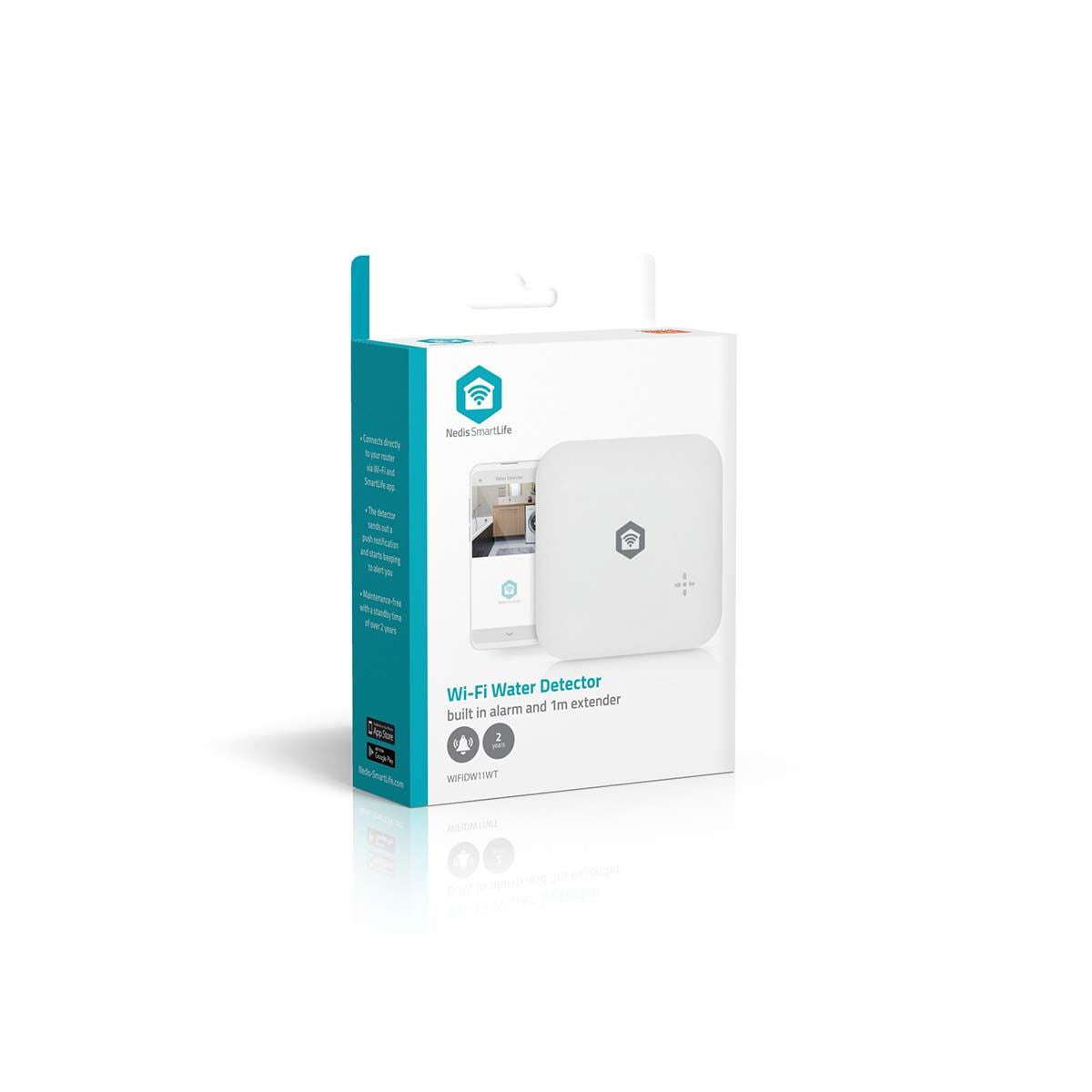 Nedis SmartLife Water Detector | Wi-Fi | Battery Powered | Extension included | Max. battery life: 24 Months | 80 dB | White
