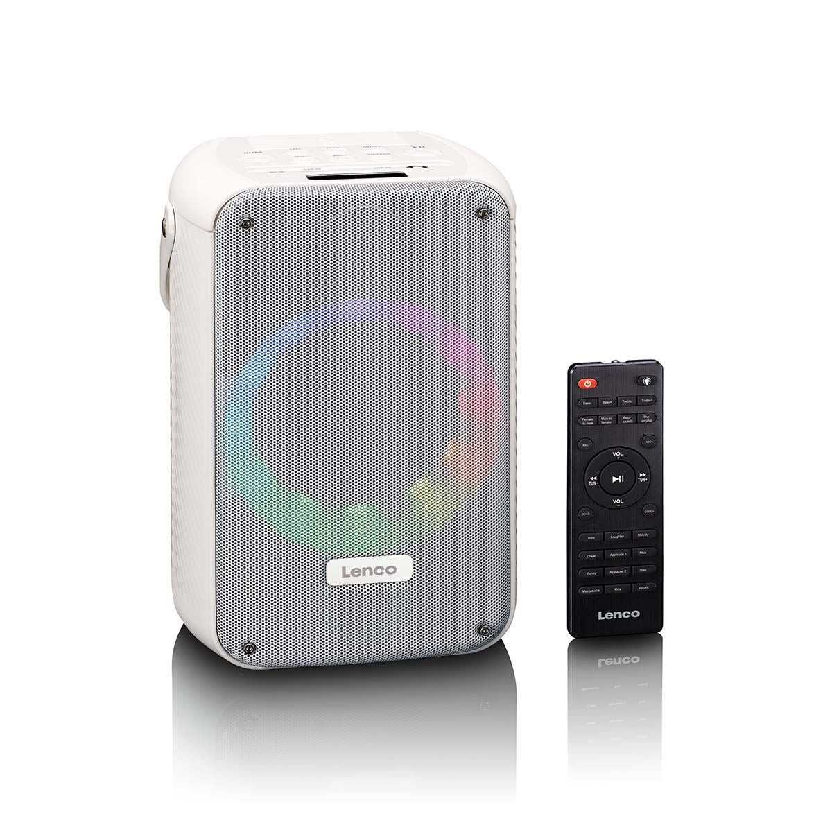 Lenco Karaoke Portable Speaker System with Bluetooth®, Rechargeable with Wireless Microphone | Disco LED Lighting | White