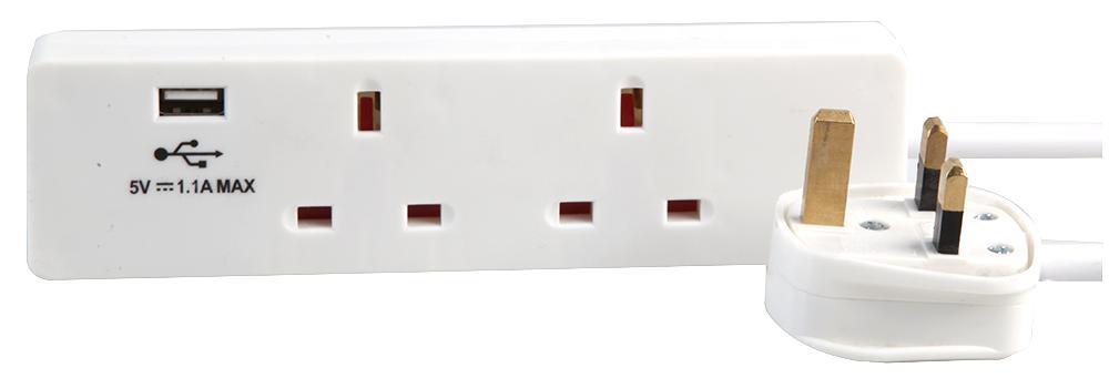 2 Gang 2m Mains Extension Lead Socket 13A with USB Ports - White