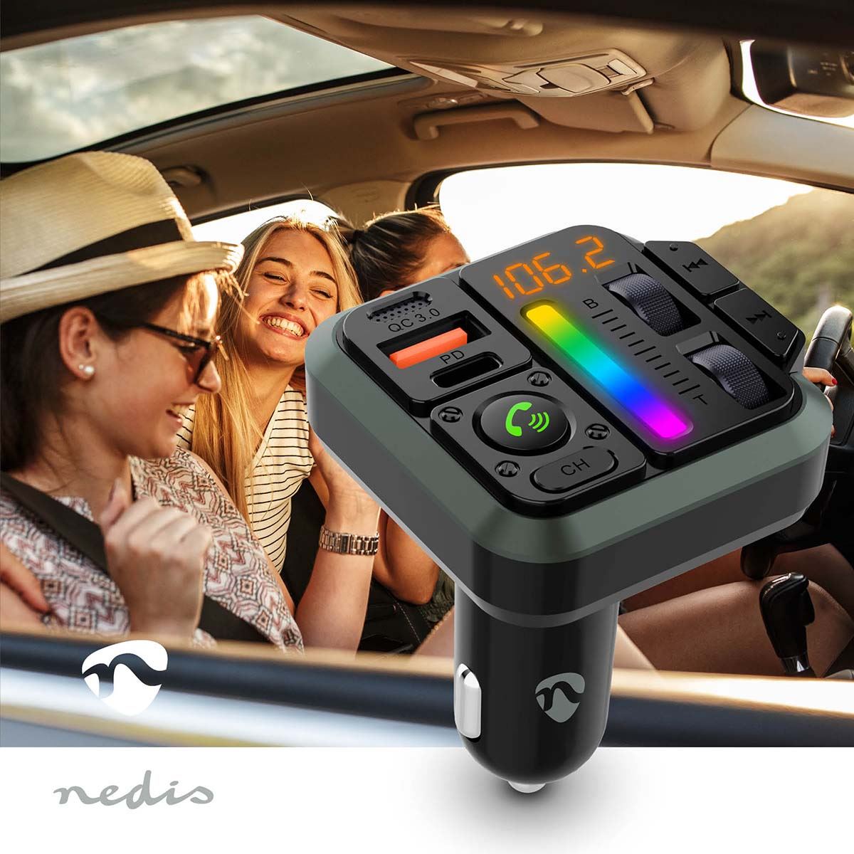 Nedis Bluetooth 5.3 Wireless Car FM Transmitter Charger USB-C USB-A Car Cigarette Lighter