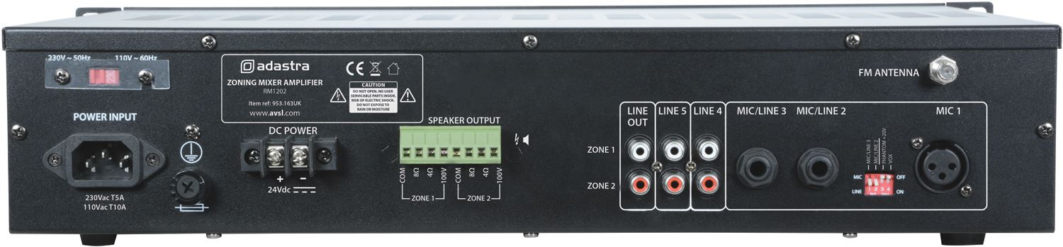Adastra RM1202 2 Zone Mixer Amplifier 2 x 120W with USB/SD/FM/BT