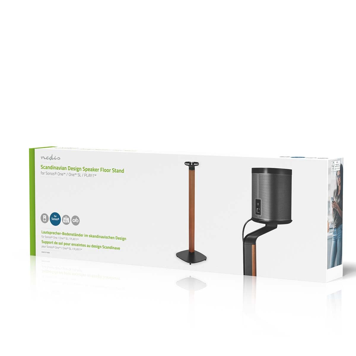 Nedis Speaker Mount Scandinavian Design, Floor Stand Compatible with Sonos One, One SL, Play:1, Sculpted Hardwood Column, Weighted Base for Stability, Powder-Coated Finish, Cable Management - Black