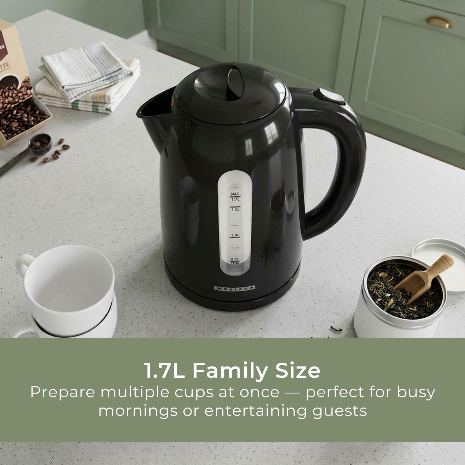 MELISSA 1.7L Electric Kettle with Quick Boil Time, Boil-Dry Protection, 360° Cordless Base, 2025W - Black