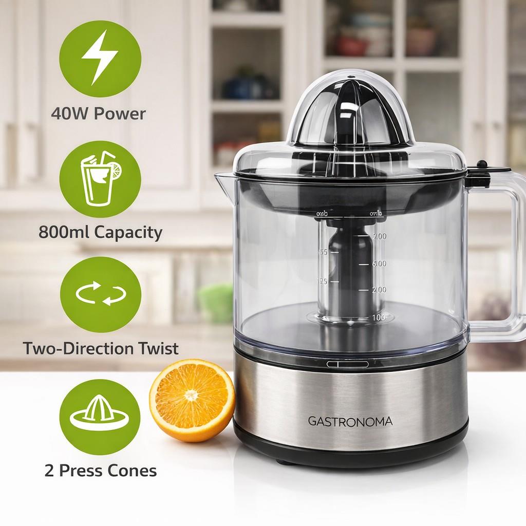 Gastronoma 800ml Electric Citrus Press Juicer with Adjustable Pulp Filter, 2x Cones and Easy Pour Spout - Black/Silver