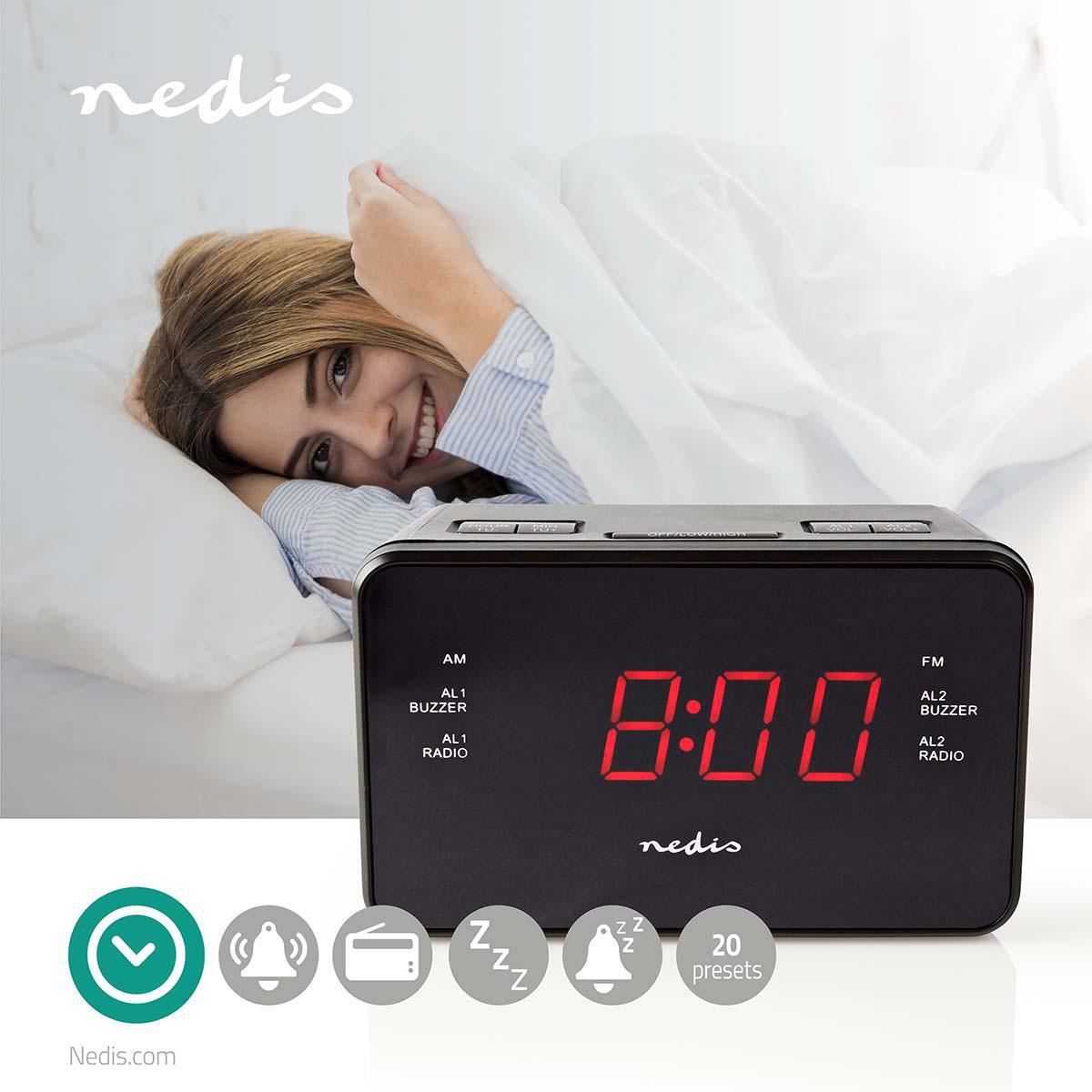 Nedis Digital Alarm Clock Radio | LED | 3.5mm Aux Input | AM / FM | Snooze function | Sleep timer | 2 Alarms | Black