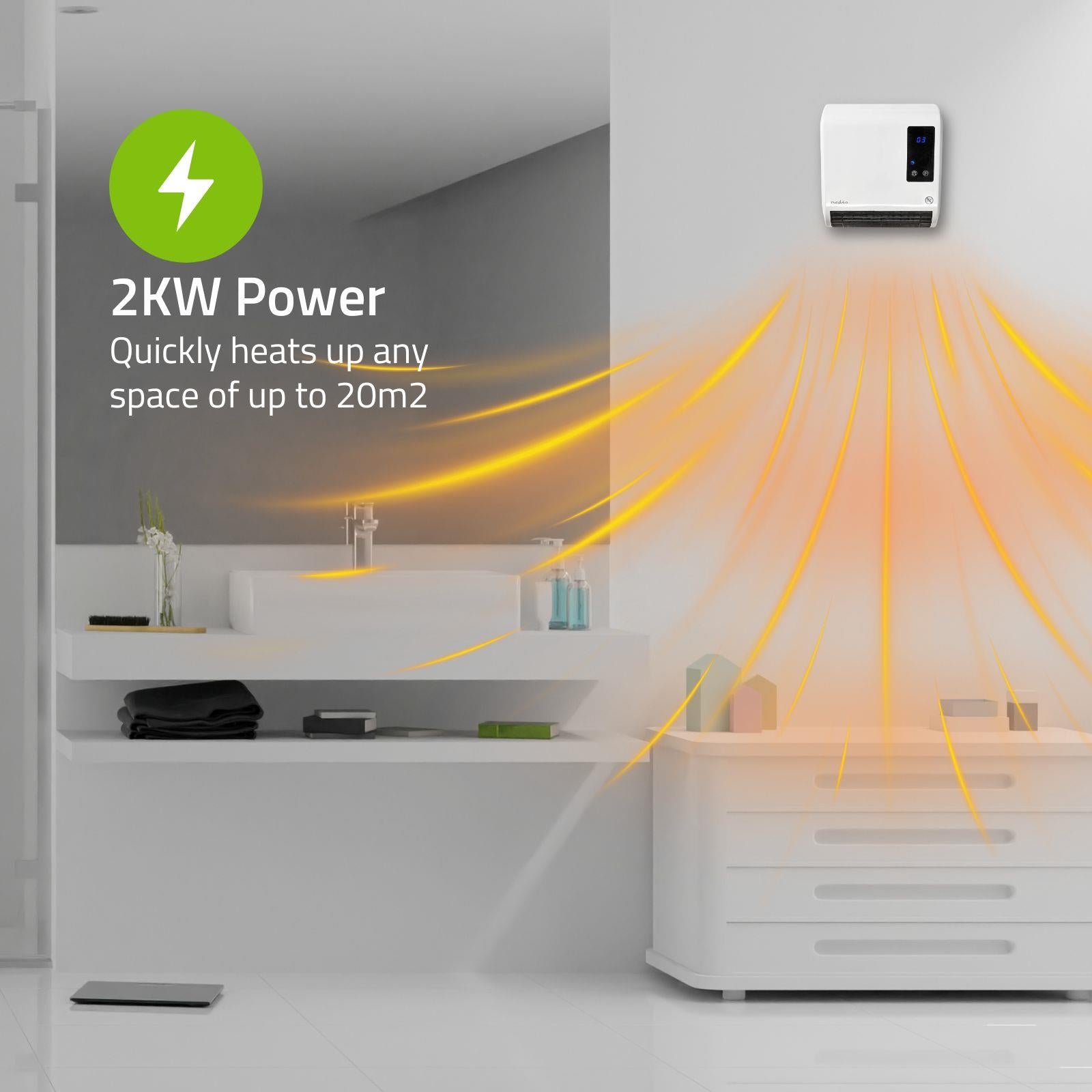 Nedis Bathroom Fan Heater, 2kW, Wall Mounted, with LED Display, 2 Heat Power Settings, 7 Day Timer and Remote Control, White