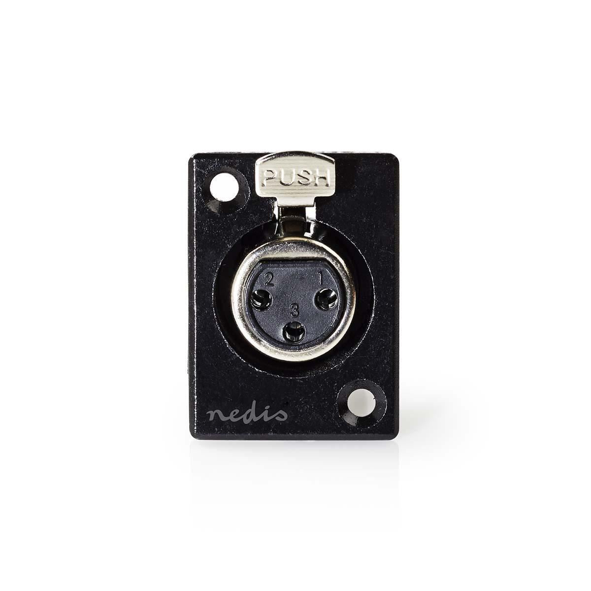 Nedis XLR 3 Pin Panel Connector | Straight | Female | Nickel Plated | Chassis | Cable input diameter: 5.0 mm | Metal | Black | 1 pcs | Polybag