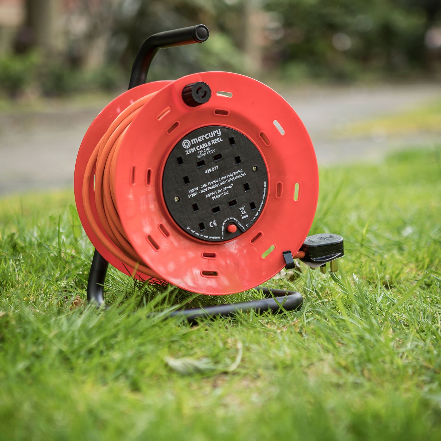 Mercury 25m Meter 4 Way Gang Mains Extension Reel Drum with Thermal Cut Out 13A