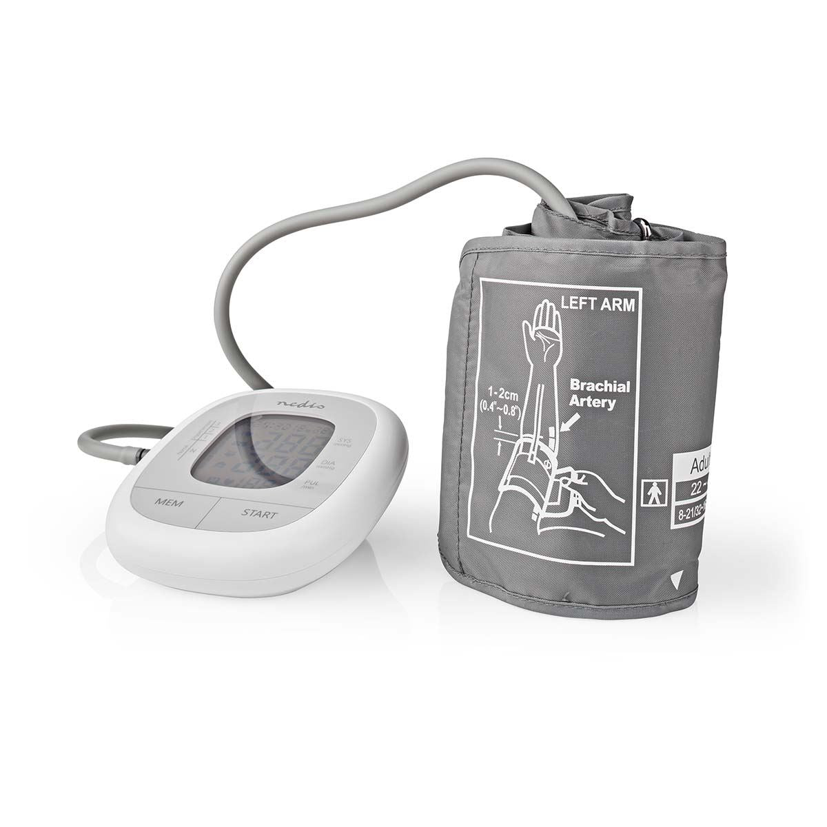 Nedis Upper Arm Blood Pressure Monitor, Clinically Tested, Extra-Large LCD Display, Arrhythmia Detection, WHO Indicator, 2x60 Memory, Cuff 22-42cm - White