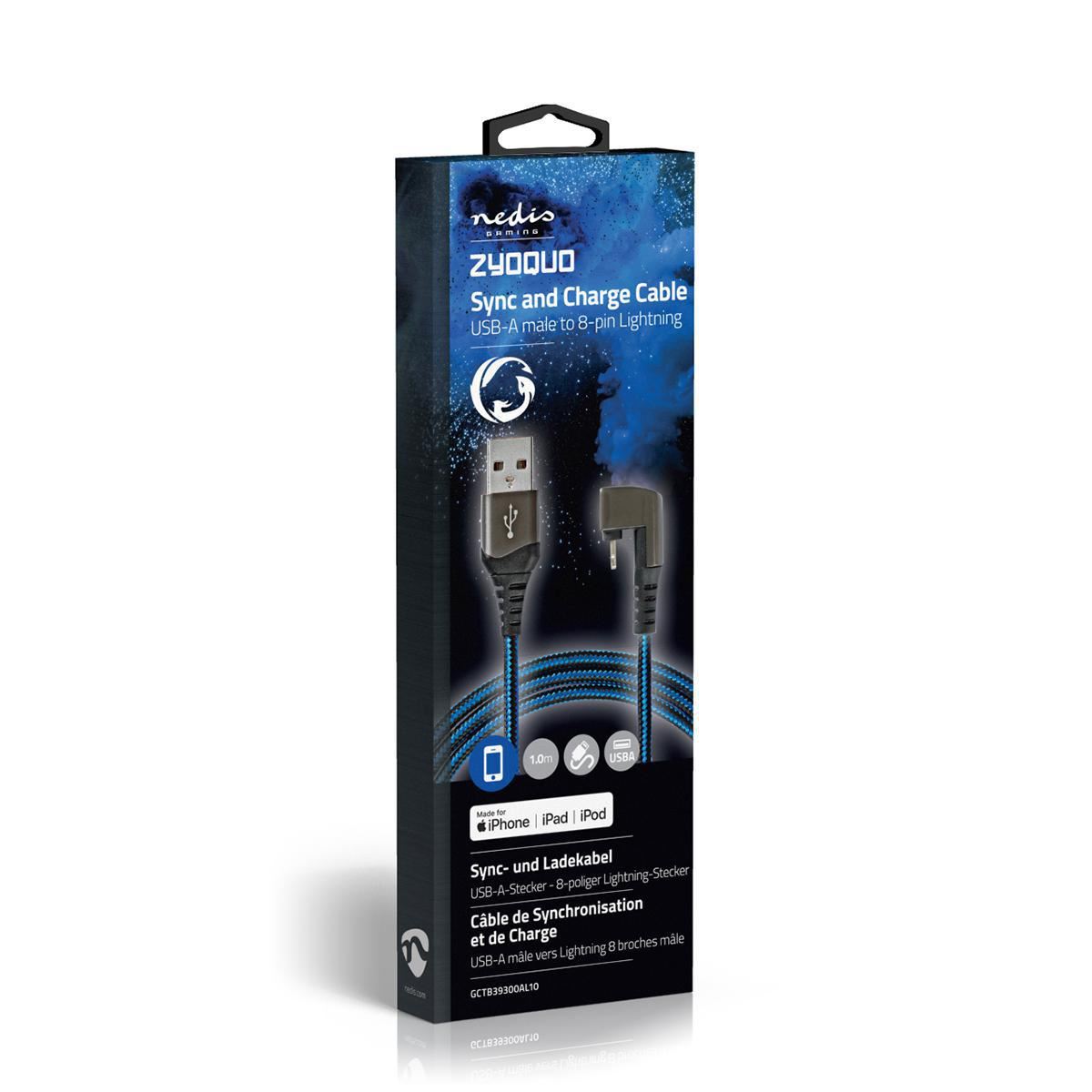 Nedis USB Cable | USB 2.0 | Apple Lightning 8-Pin | USB-A Male | 12 W | 480 Mbps | Nickel Plated | 1.00 m | Round | Braided / Nylon | Black / Blue | Cover Window Box