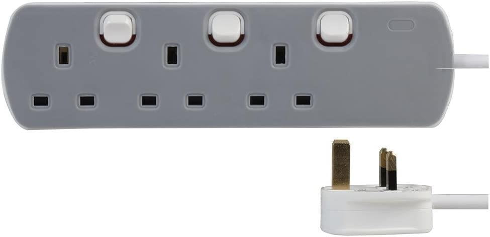 3 Gang 10m Mains Extension Lead Socket Individually Switched 13A - Grey