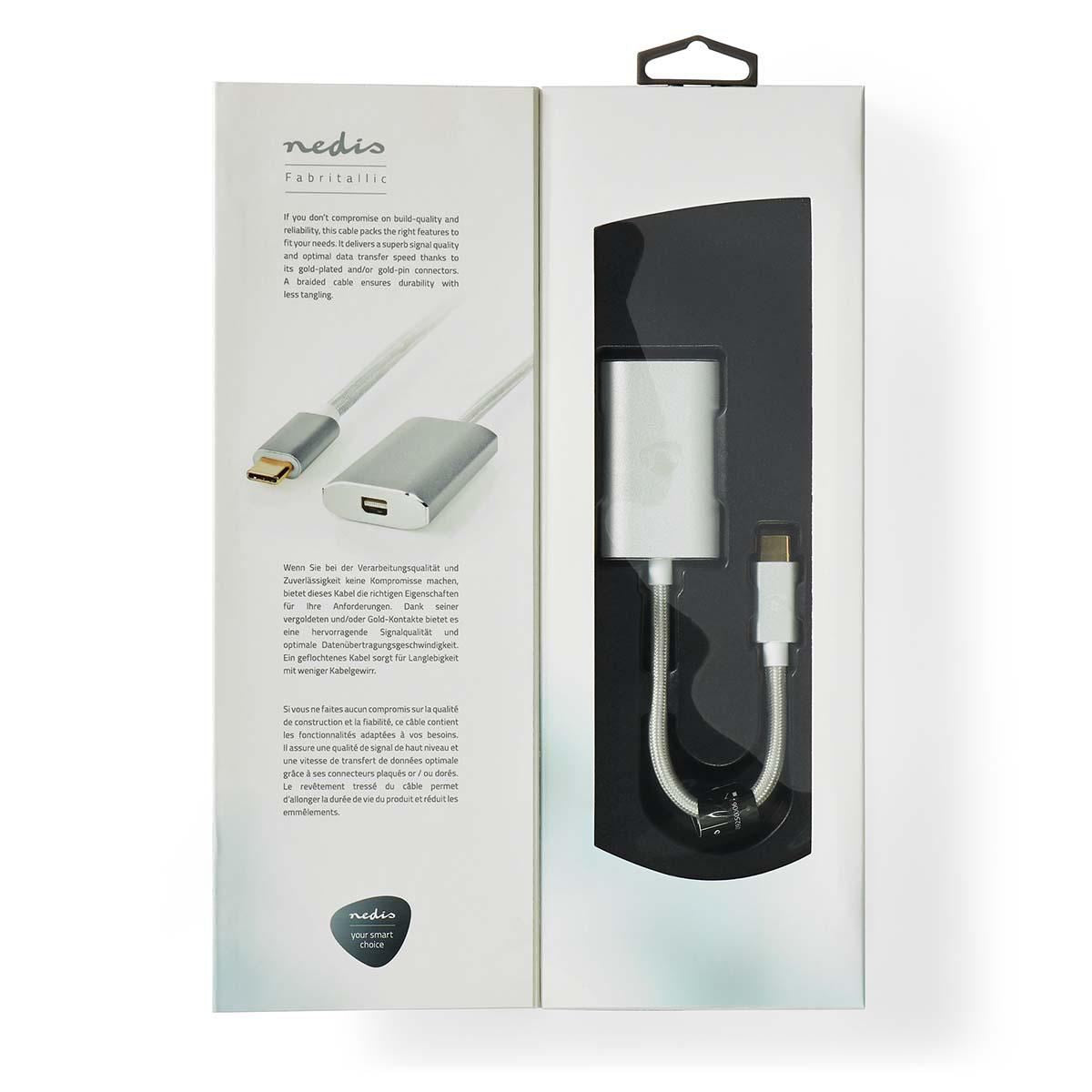 Nedis USB-C™ Adapter | USB 3.2 Gen 1 | USB-C™ Male | Mini DisplayPort Female | Power delivery | 0.20 m | Round | Gold Plated | Braided / Nylon | Silver | Cover Window Box