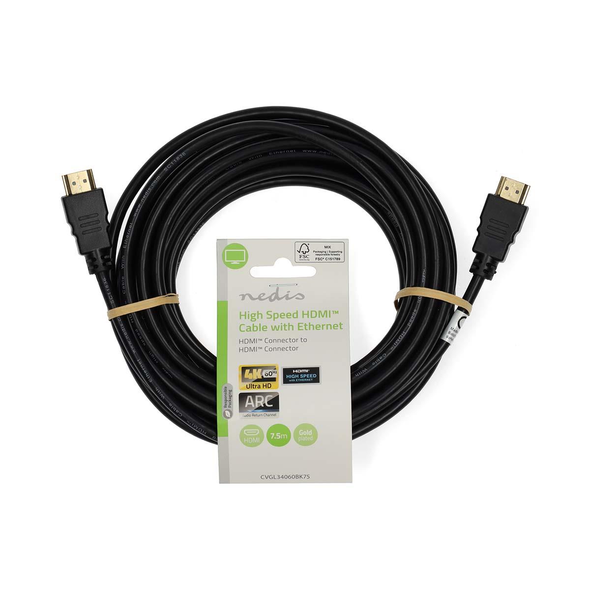 Nedis High Speed HDMI™ Cable with Ethernet | HDMI™ Connector | HDMI™ Connector | 4K@60Hz | ARC | 18 Gbps | 7.50 m | Round | PVC | Black | Label