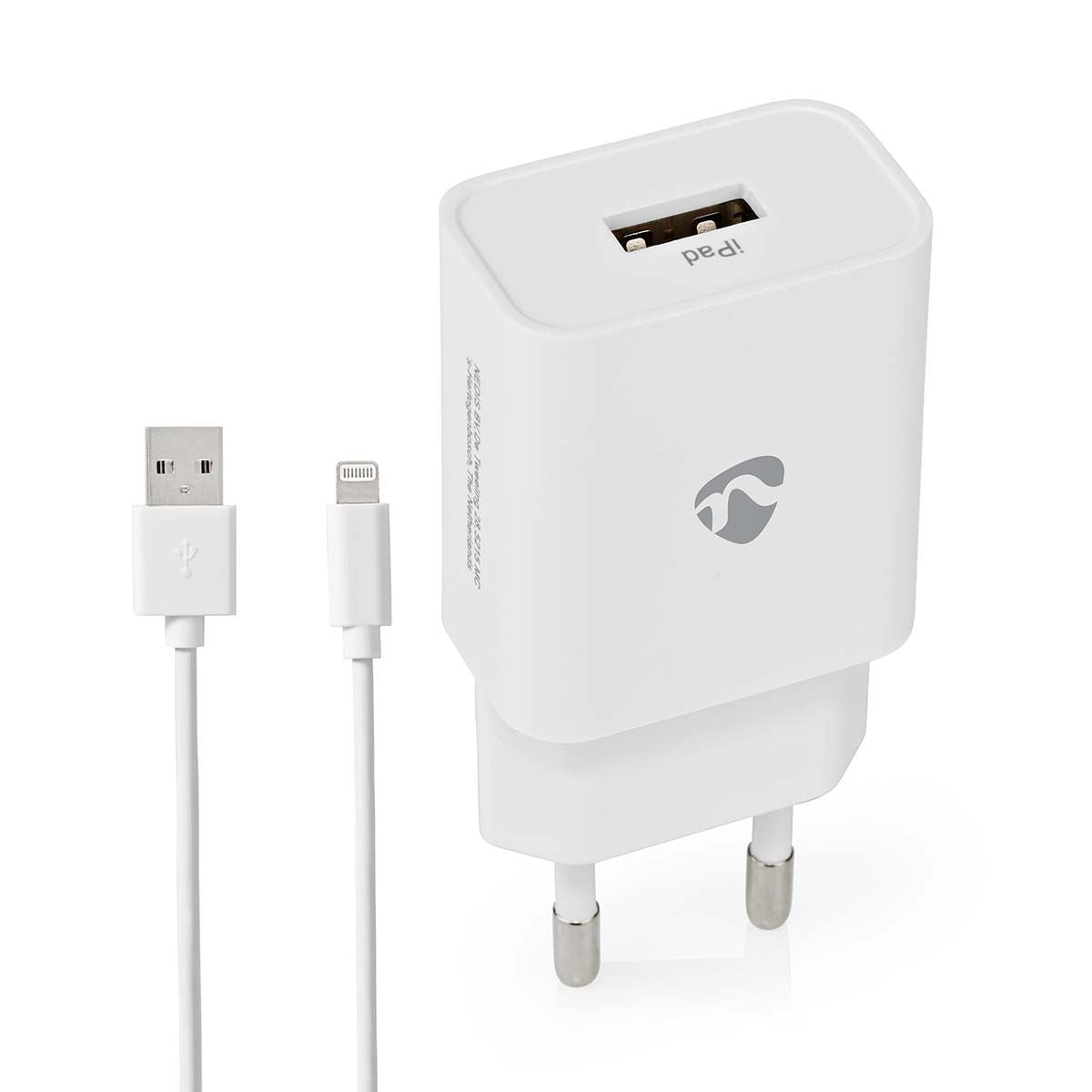 Nedis EU Euro Travel Wall Charger | 12 W | Quick charge feature | 1x 2.4 A | Number of outputs: 1 | USB-A | Lightning 8-Pin (Loose) Cable | 1.00 m | Single Voltage Output | White