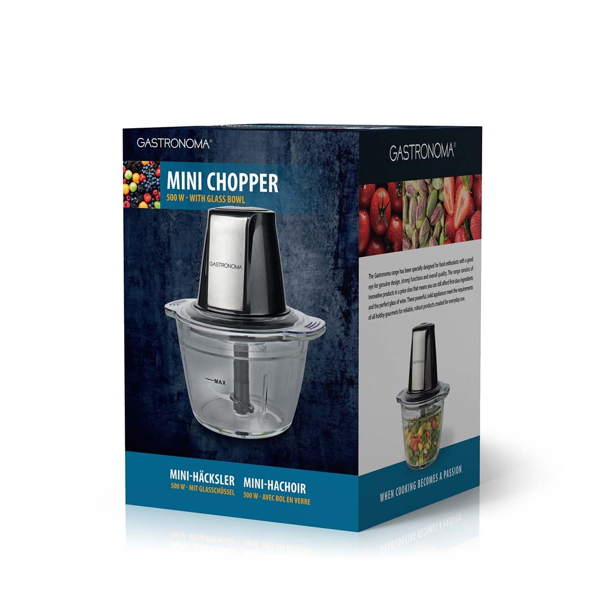 Gastronoma 500W Mini Food Processor, 1L Glass Jar Bowl Chopper Shredder with Stainless Steel Blades, Perfect for Salad Nuts Salsa Dips Fruit Vegetable Pesto Curry Pastes & More