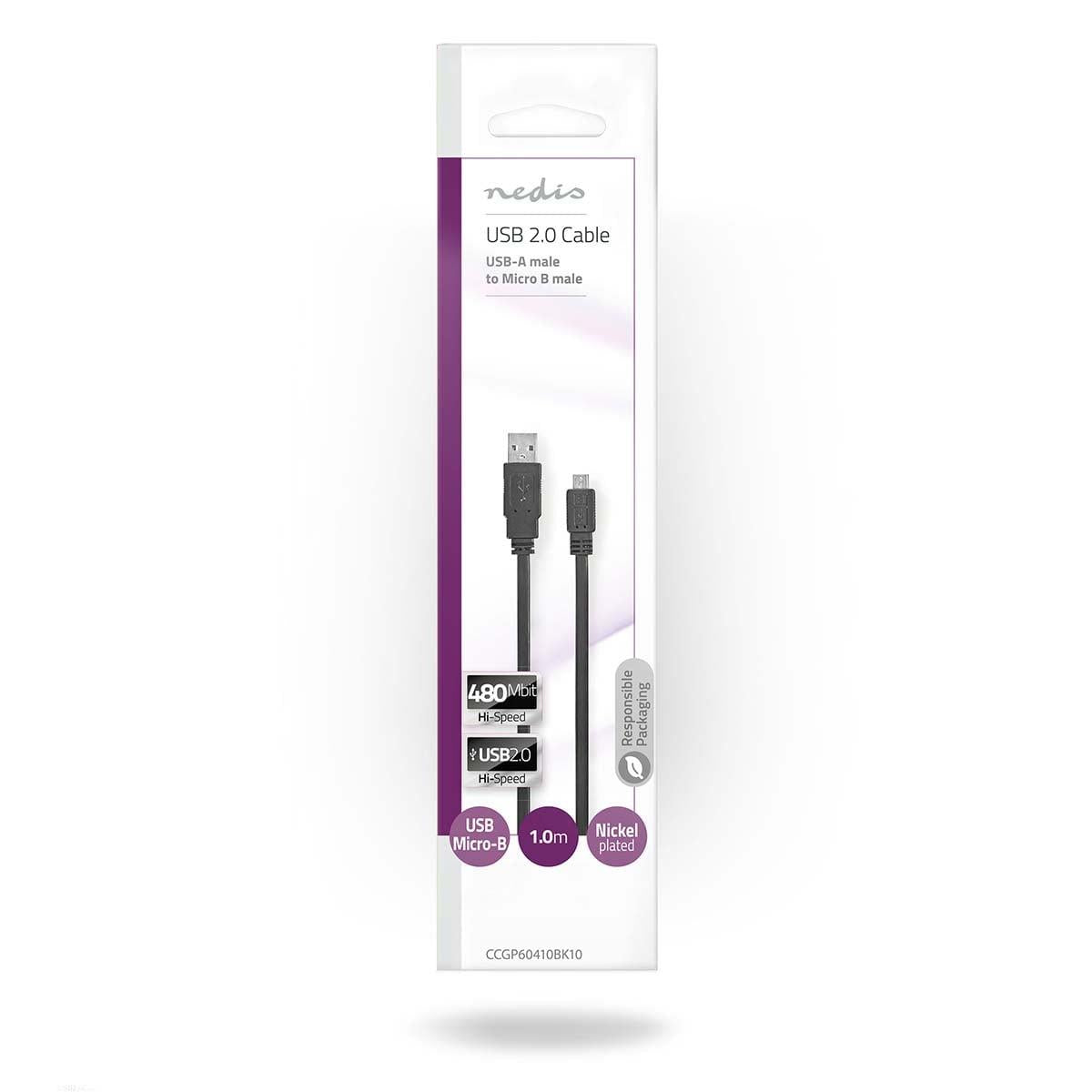 Nedis USB Cable | USB 2.0 | USB-A Male | USB Micro-B Male | 480 Mbps | Nickel Plated | 1.00 m | Flat | PVC | Black | Envelope