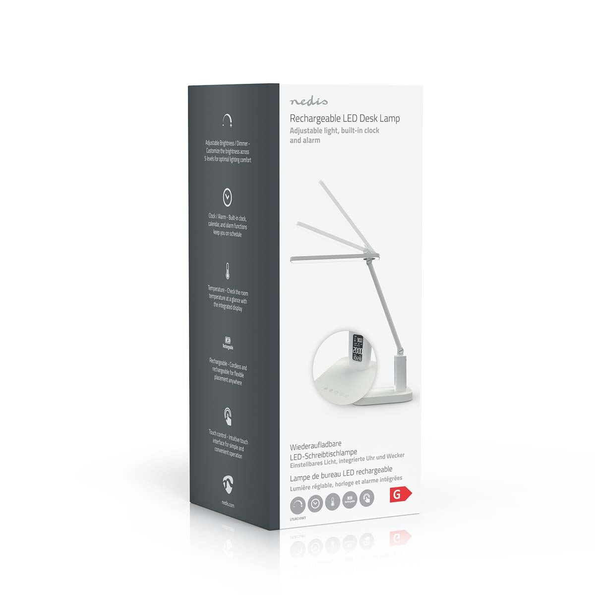 Nedis Rechargeable LED Desk Lamp with Clock - Touch Dimmable, 3 Light Modes, Alarm, Calendar, Temperature Display, Foldable Design