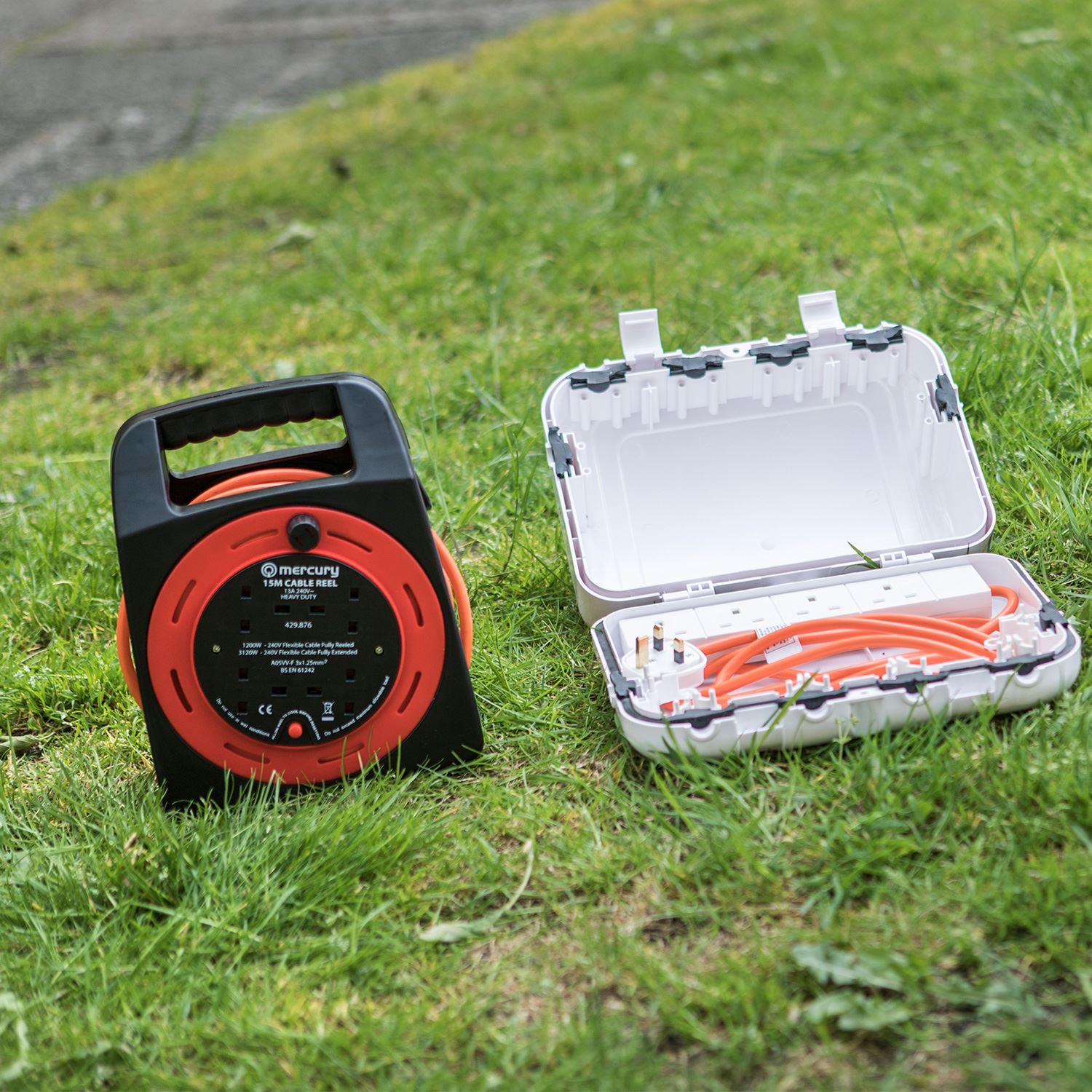 Mercury 15m Meter 4 Way Gang Mains Extension Reel Drum with Thermal Cut Out 13A