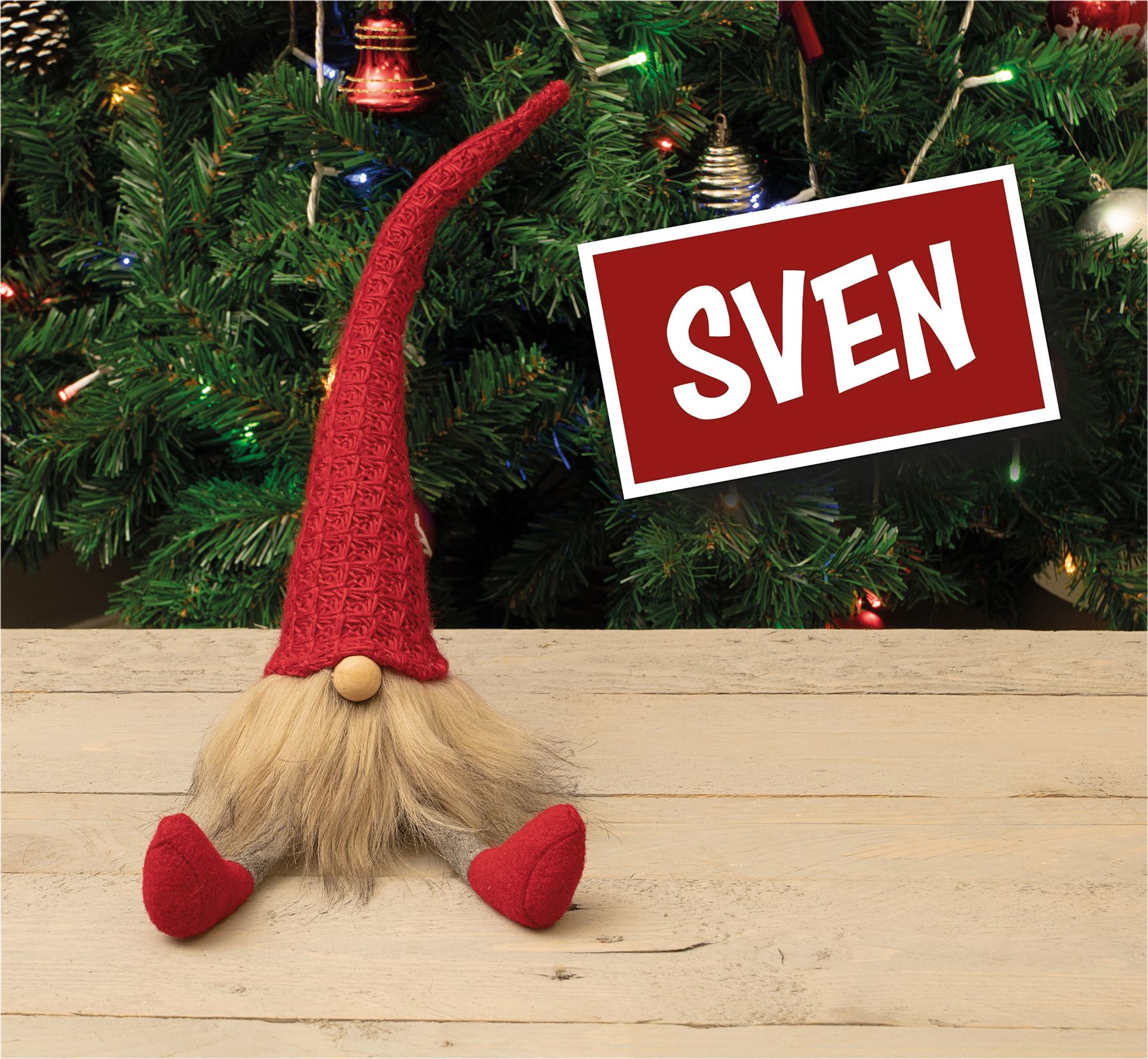 Knitted "Sven" Christmas Sitting Gonk Decoration Nordic Gnome Elf Festive Ornament with Wooden Nose - Red