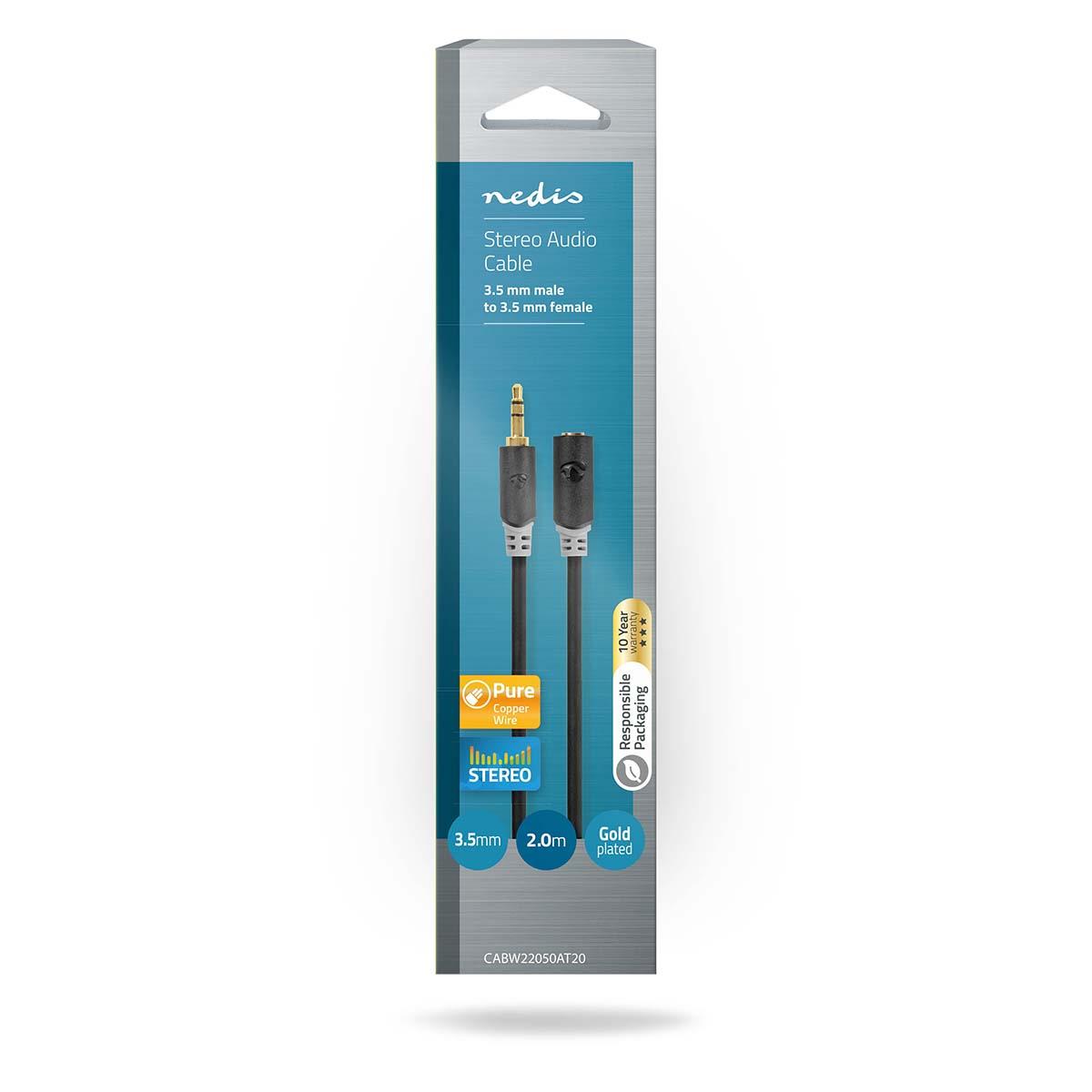 Nedis Stereo Audio Cable | 3.5 mm Male | 3.5 mm Female | Gold Plated | 2.00 m | Round | Anthracite | Box