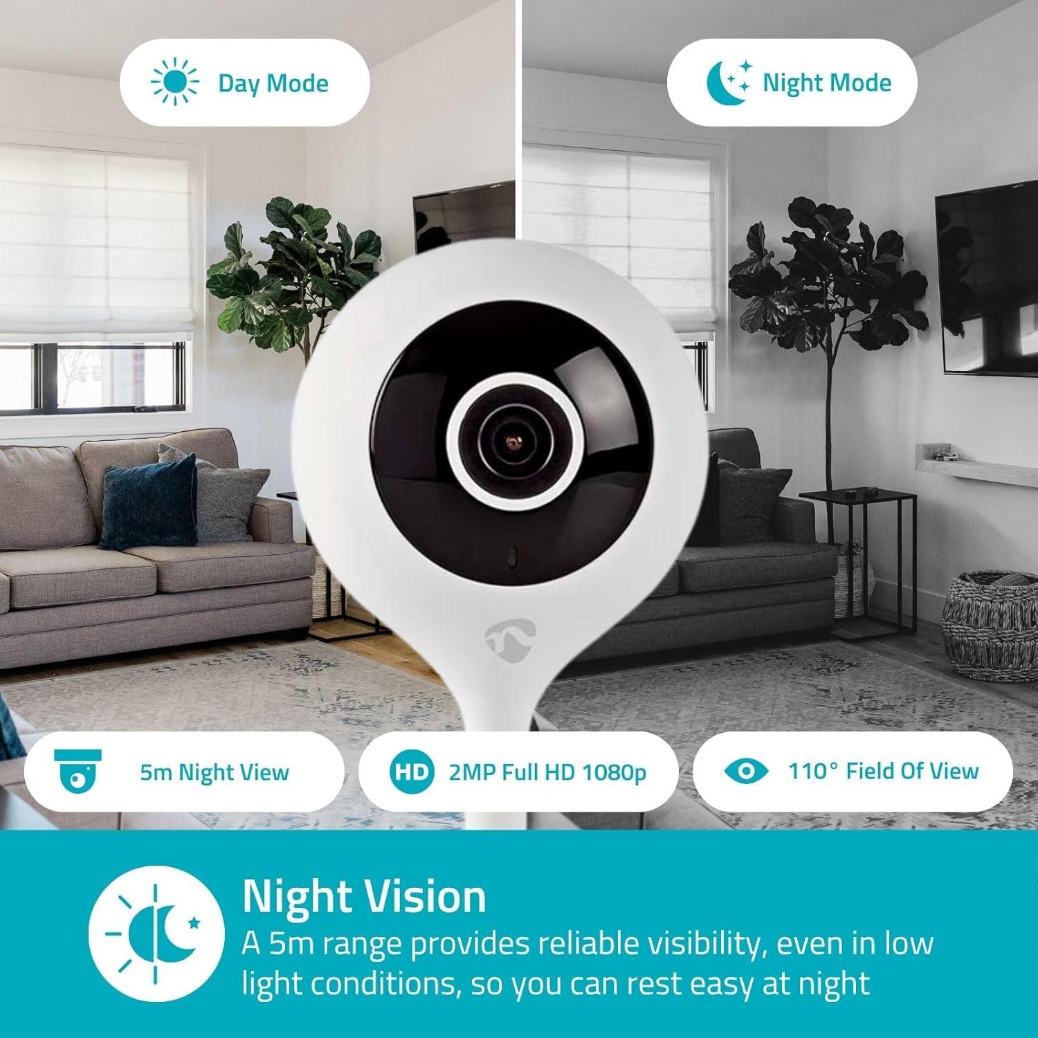 Nedis SmartLife Indoor Camera | Wi-Fi | Full HD 1080p | Cloud Storage (optional) / microSD (not included) | With motion sensor | Night vision | White