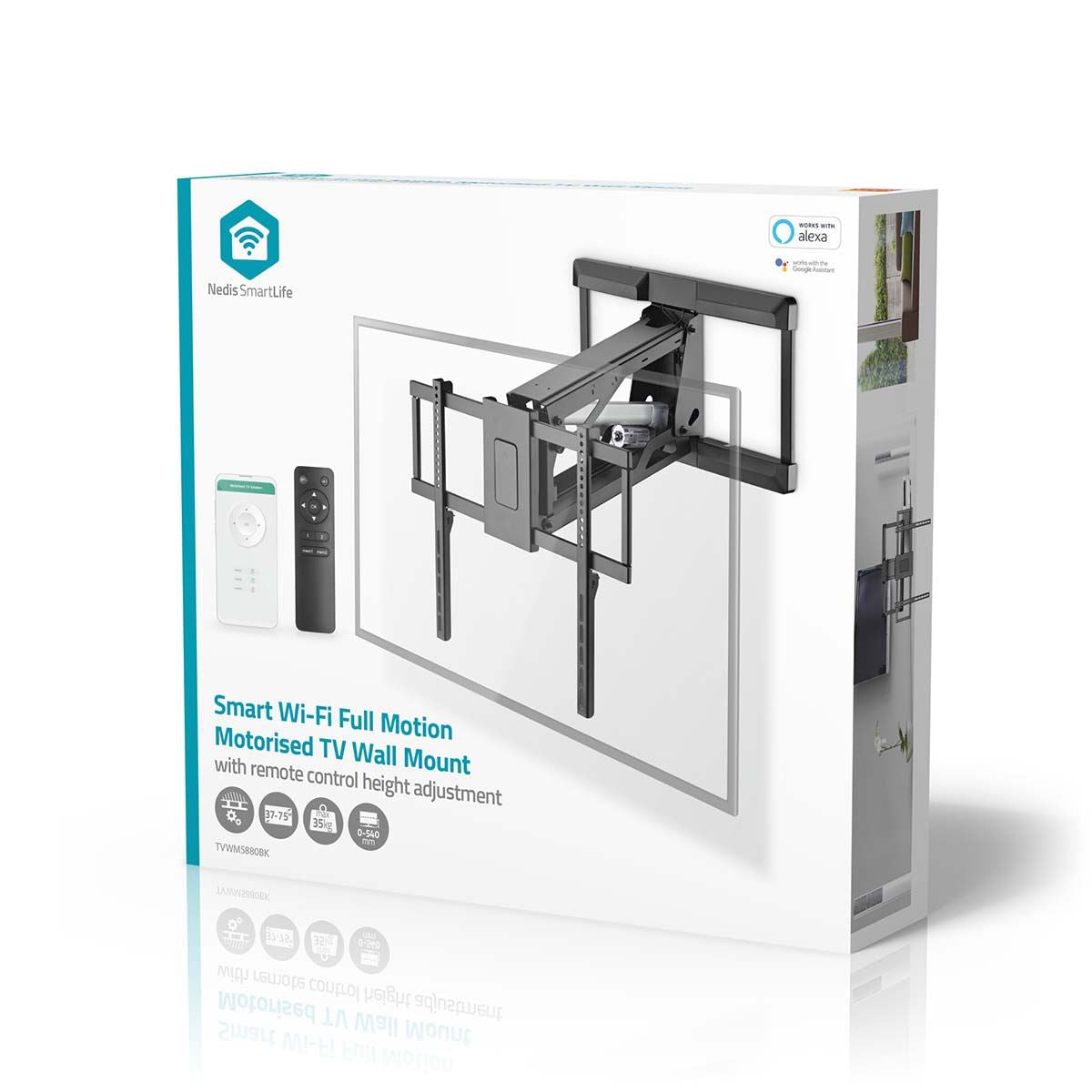 Nedis SmartLife Motorised Lift TV Wall Mount Bracket for 37-75" Screen Max 35kg Adjustable Height Tilt and Swivel with Remote Control