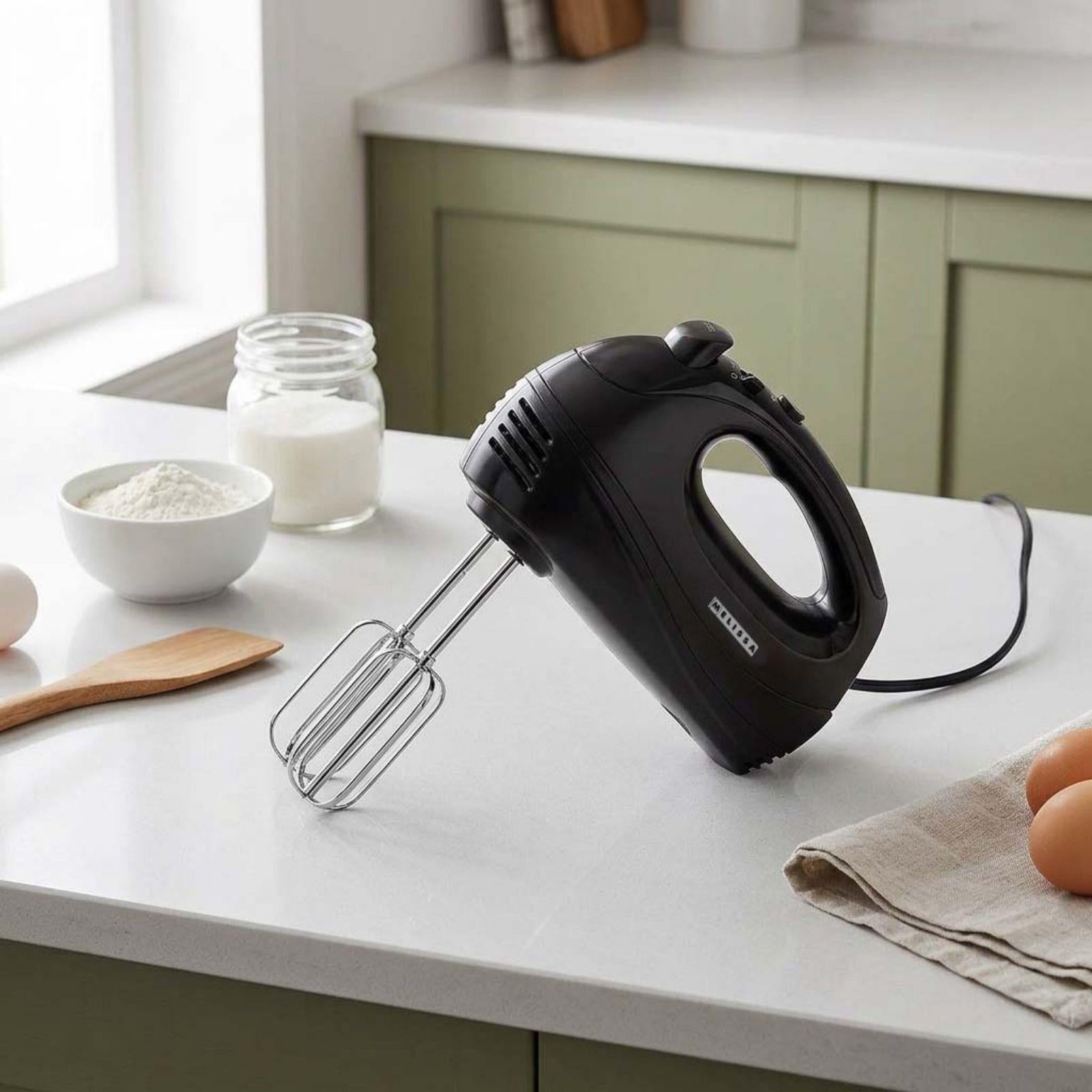 MELISSA Electric Hand Mixer with 5 speeds & turbo setting, 2 chrome plated beaters, all dishwasher safe, Easy release button, 300w - Black