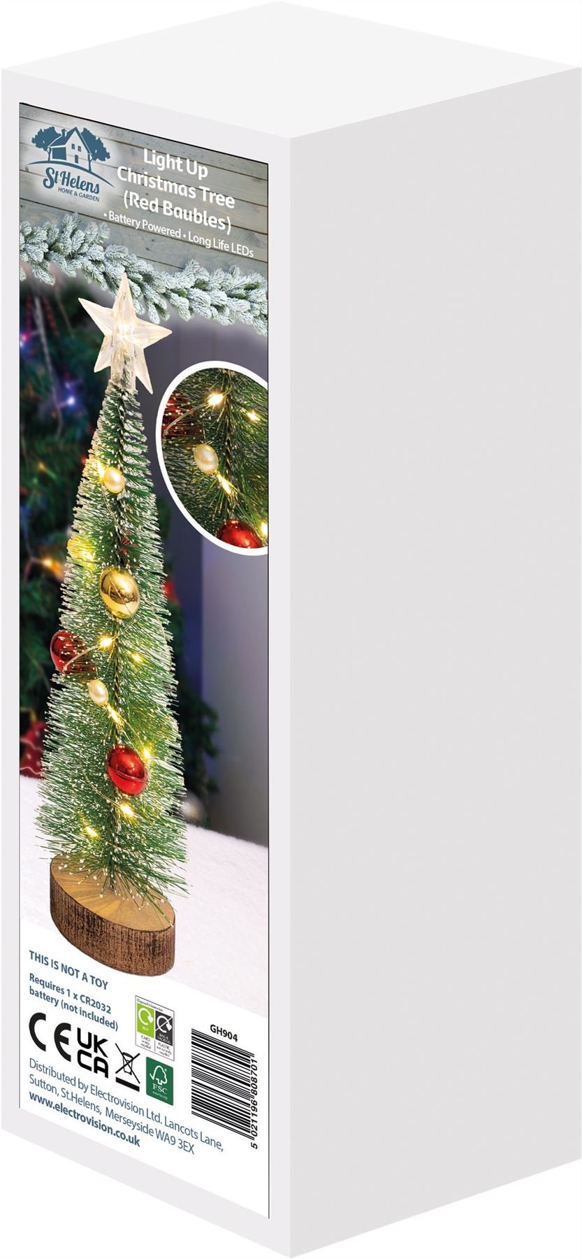 LED Light Up Mini Table Top Christmas Tree with Red Gold and Pearl Baubles Battery Operated