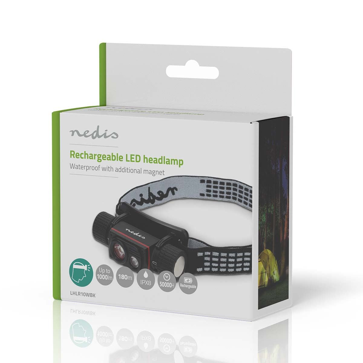 Nedis 10W LED Headlamp Rechargeable, IPX8 Water-Resistant, Aluminium Alloy Housing, Hidden USB-C, 1000 Lumen, 180m Beam Distance, Adjustable Elastic Headband