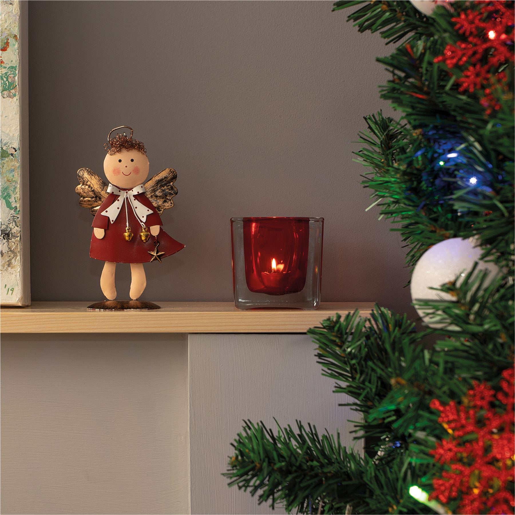 Standing Metal Christmas Angel Ornament Decoration with Wings Halo & Star Bells - Red