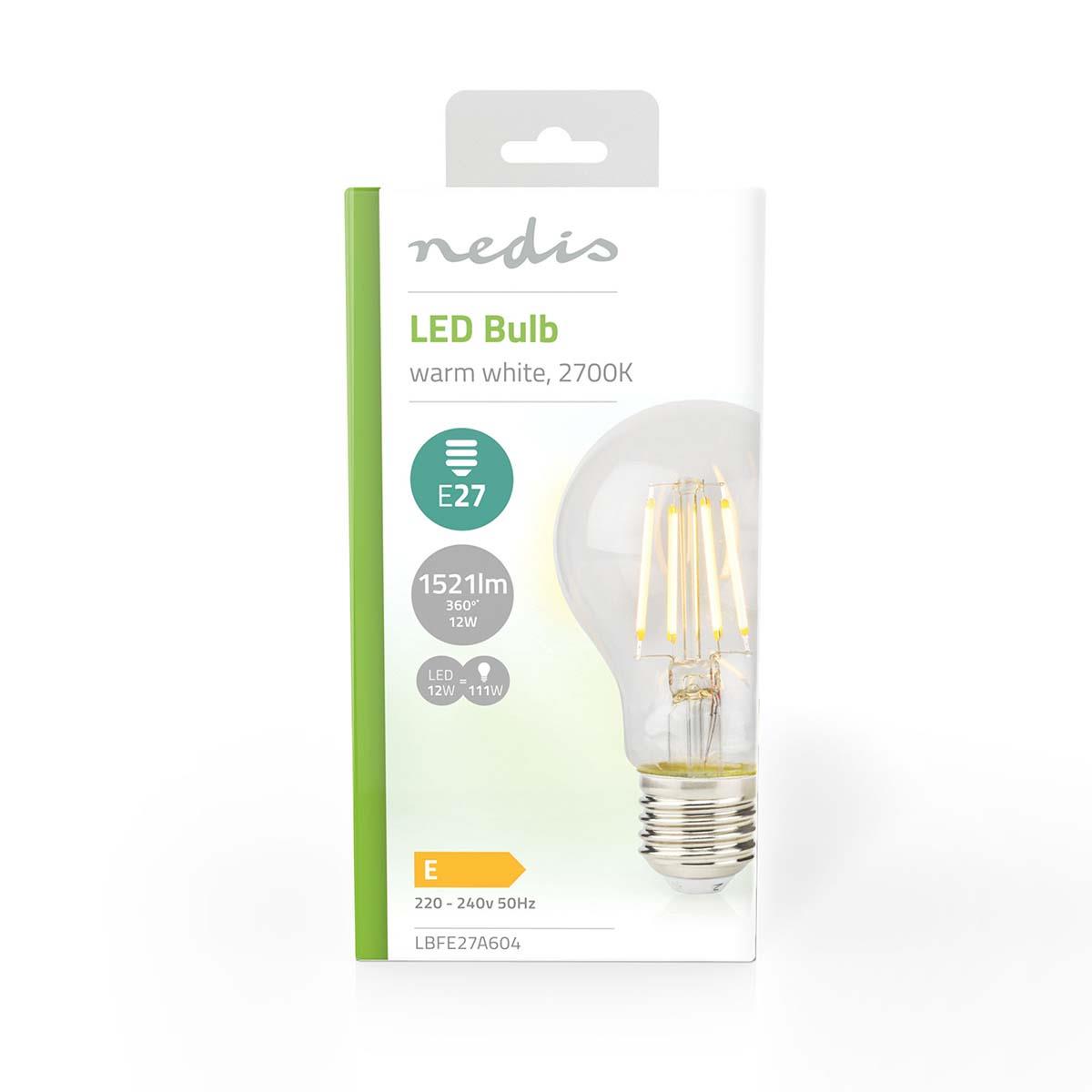 Nedis A60 Shaped LED Filament Bulb E27, 1521 Lumen, 12W Low Power Consumption, Warm White 2700K, Retro Glass Filament, 15000 Hours Long Life